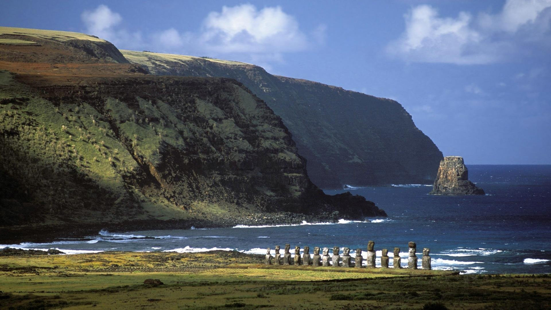 Chile: Easter Island, home to the famous Moai statues, Ahu Tongariki. 1920x1080 Full HD Wallpaper.