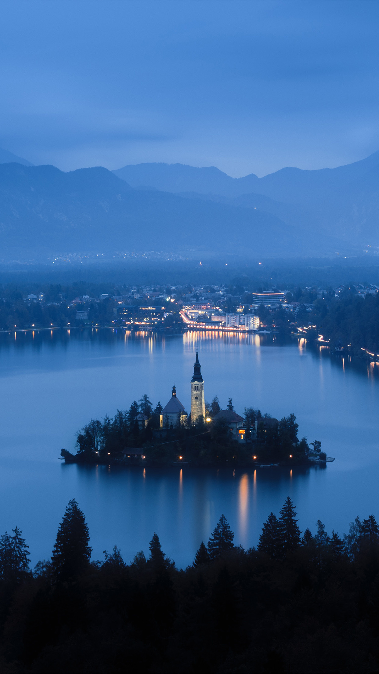 Lake Bled, Blue night mountain, Nature wallpaper, Country scenery, 1250x2210 HD Phone