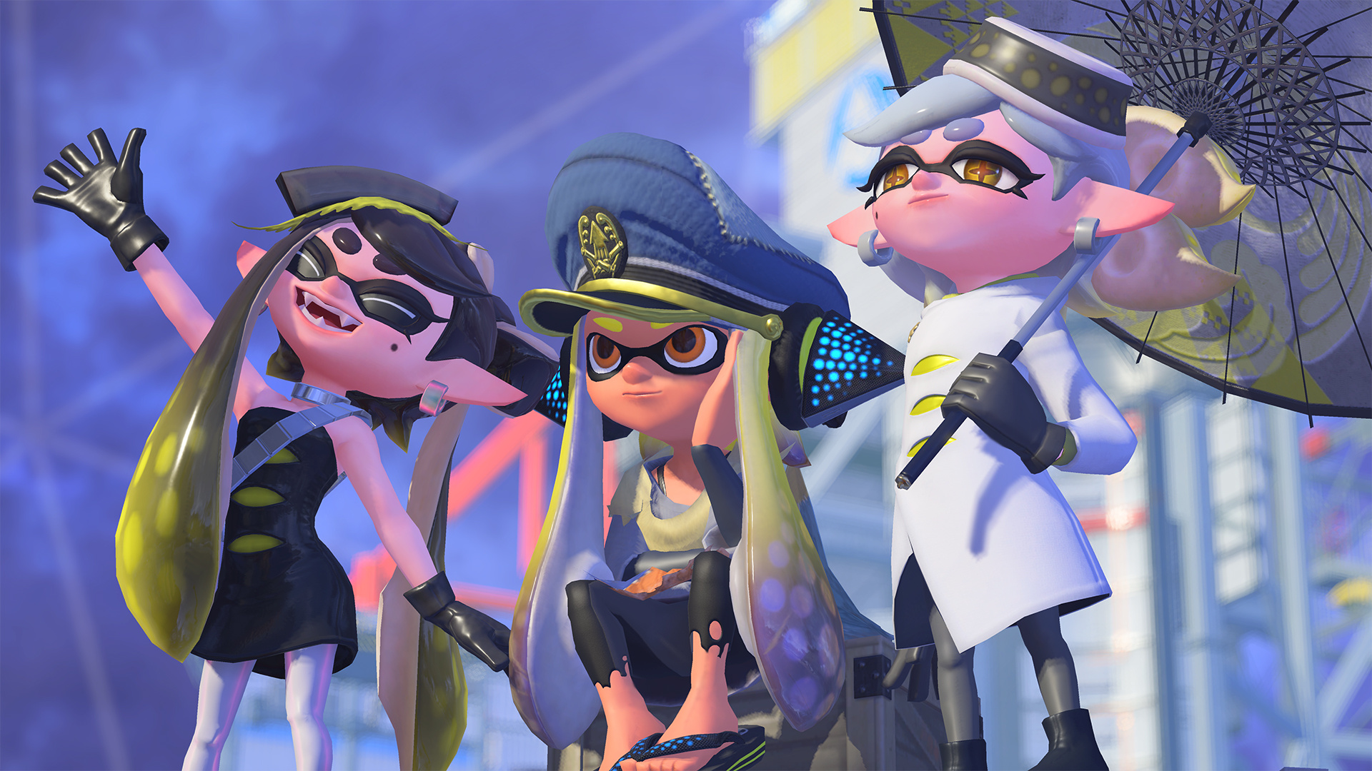 Splatoon 3: The main ink colors for the entry: yellow and purple, Squid Sisters. 1920x1080 Full HD Wallpaper.