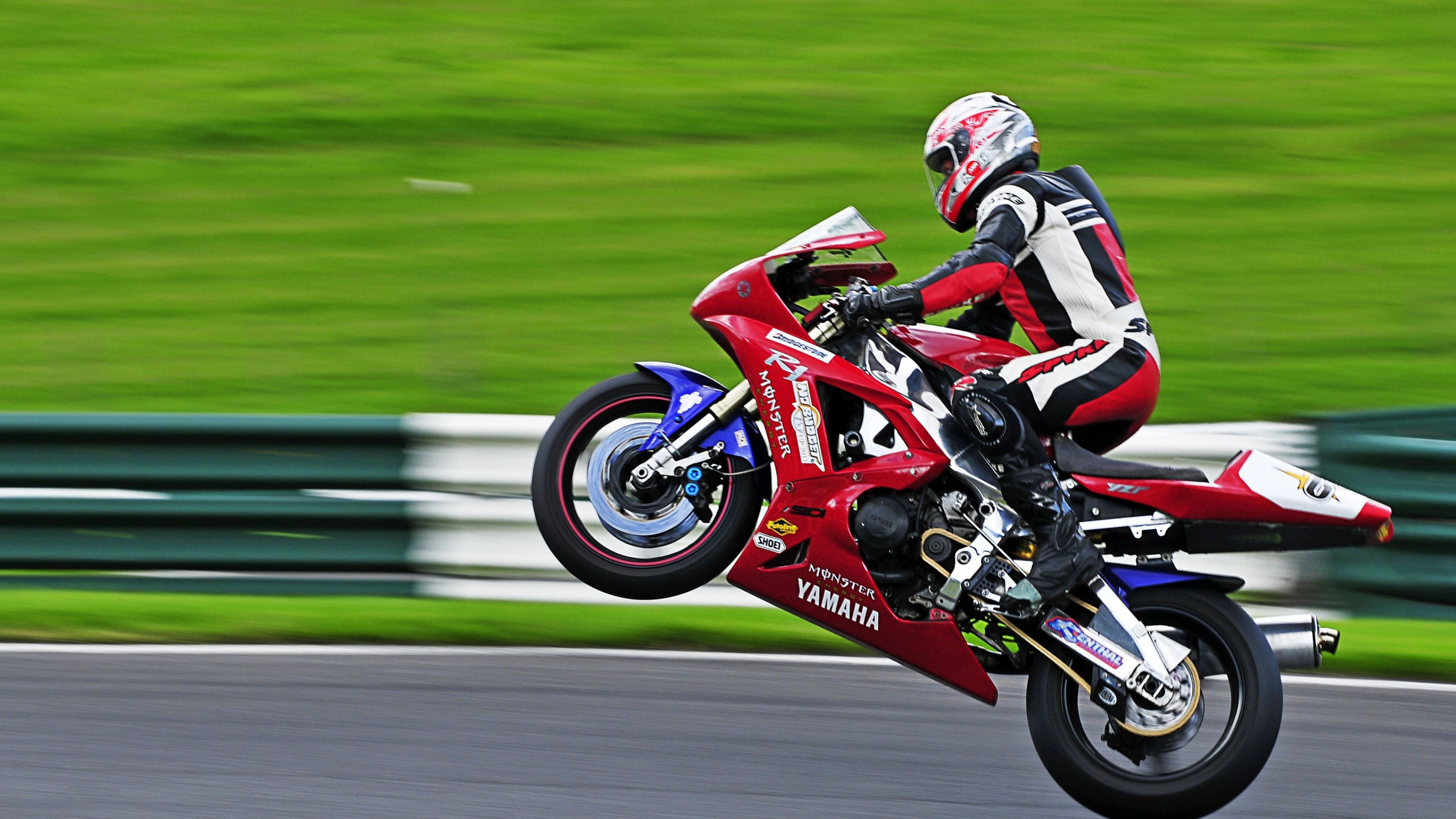 Stunt: Yamaha sport motorcycle, Wheelie, Wheelstand. 3840x2160 4K Background.