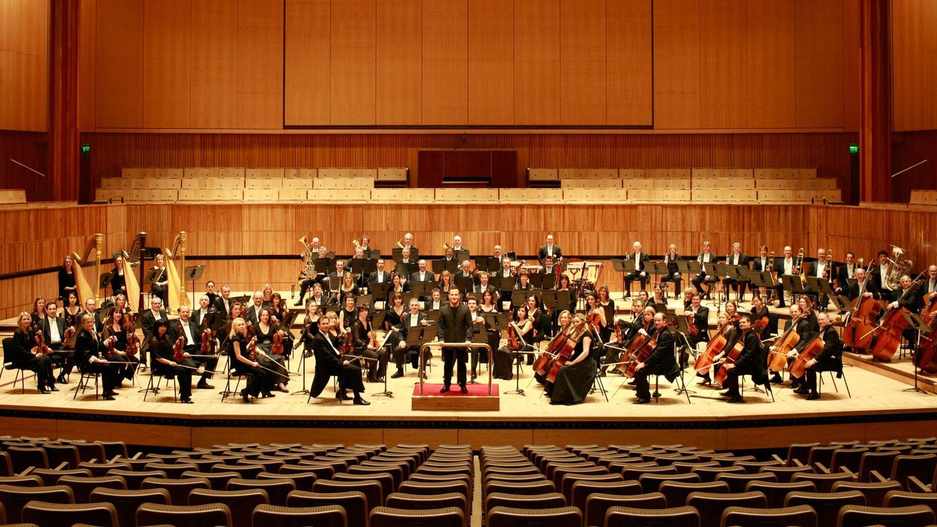 Orchestra: Classically trained musicians on the stage, A conductor, A large instrumental ensemble. 1920x1080 Full HD Background.