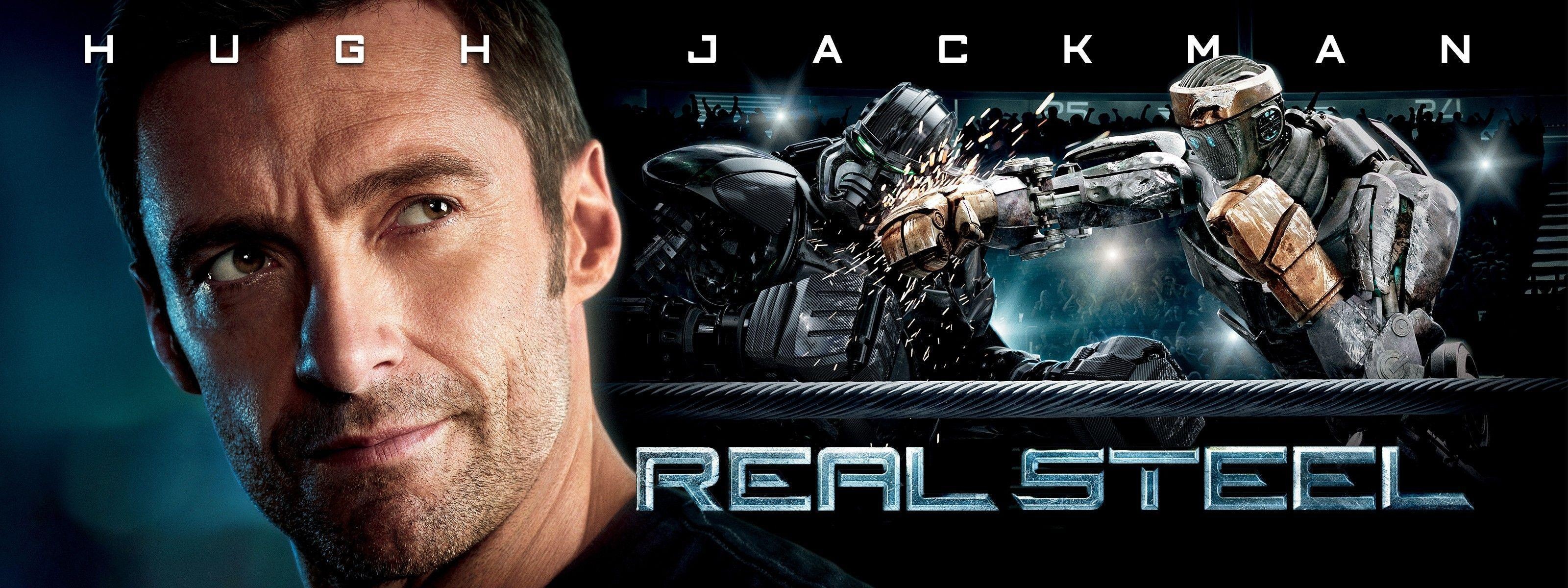 Real Steel: An action drama about a former boxer, Hugh Jackman. 3200x1200 Dual Screen Background.