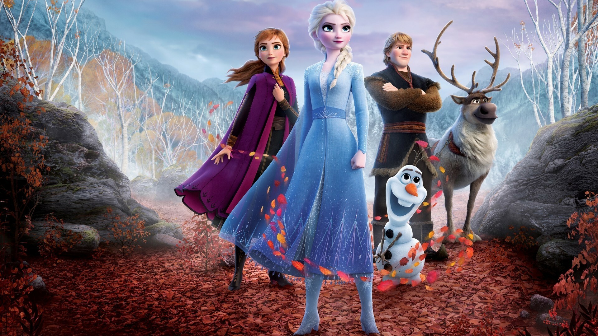 Frozen: Together with Anna, Kristoff, Olaf, and Sven, Elsa faces a dangerous but remarkable journey into Enchanted Forest. 1920x1080 Full HD Background.