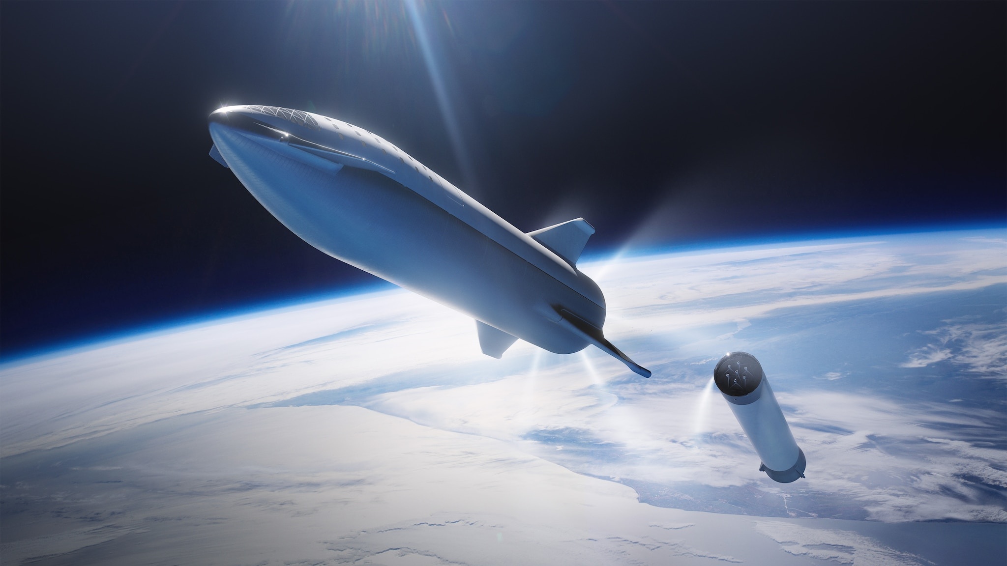Starship: SpaceX, The 2018 Big Falcon Rocket at stage separation. 2050x1160 HD Wallpaper.