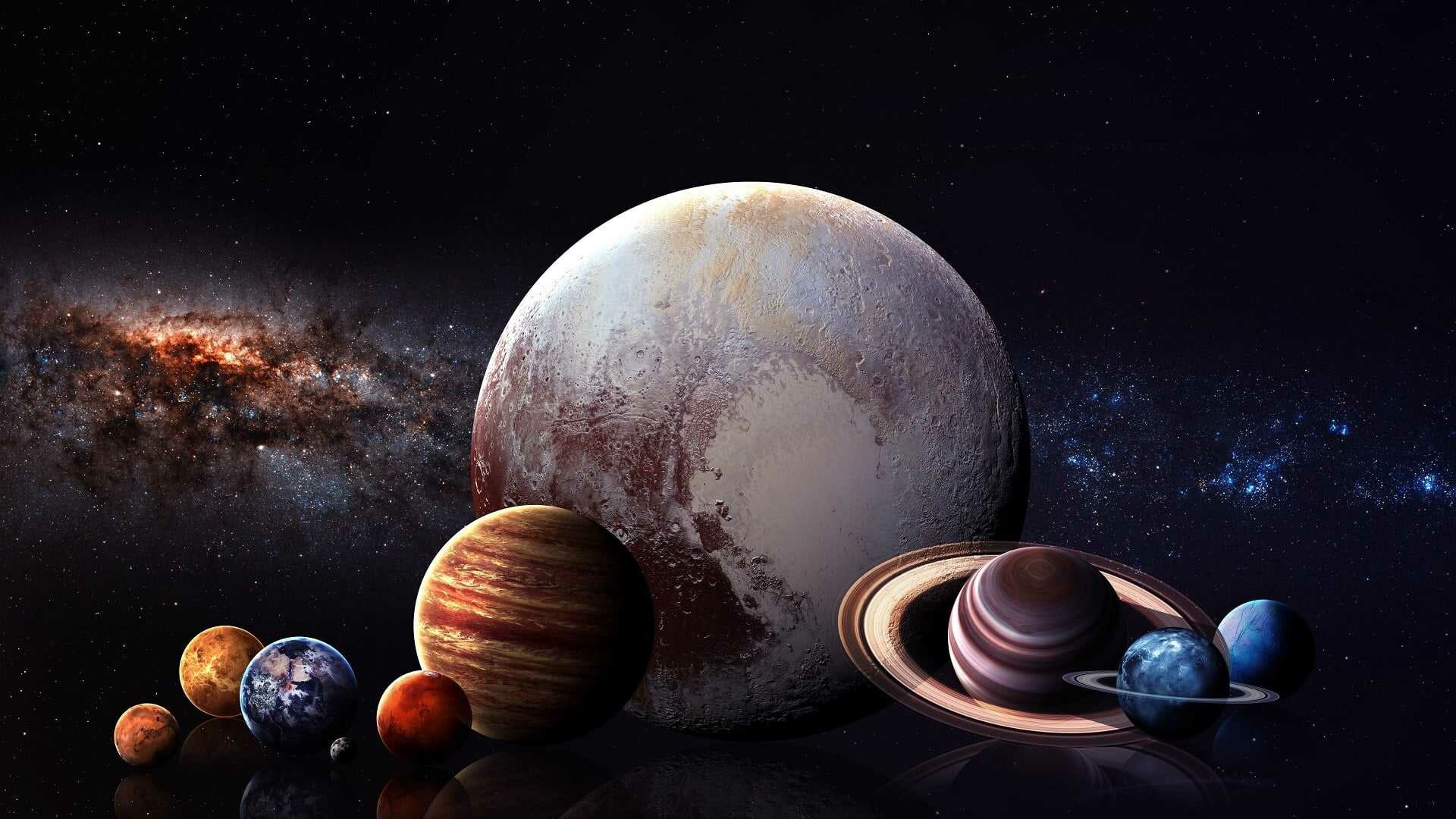 Solar System: The sun and everything that orbits around it, including the planets and their moons. 1920x1080 Full HD Background.