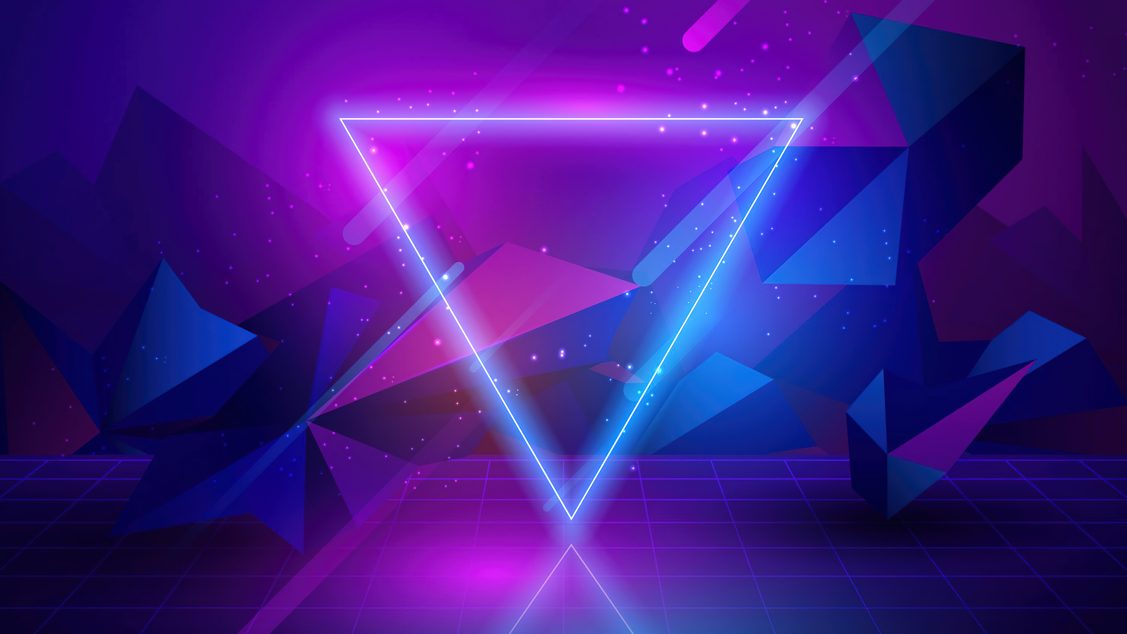 Triangle: A closed figure with three sides, Neon, Grid. 3840x2160 4K Background.