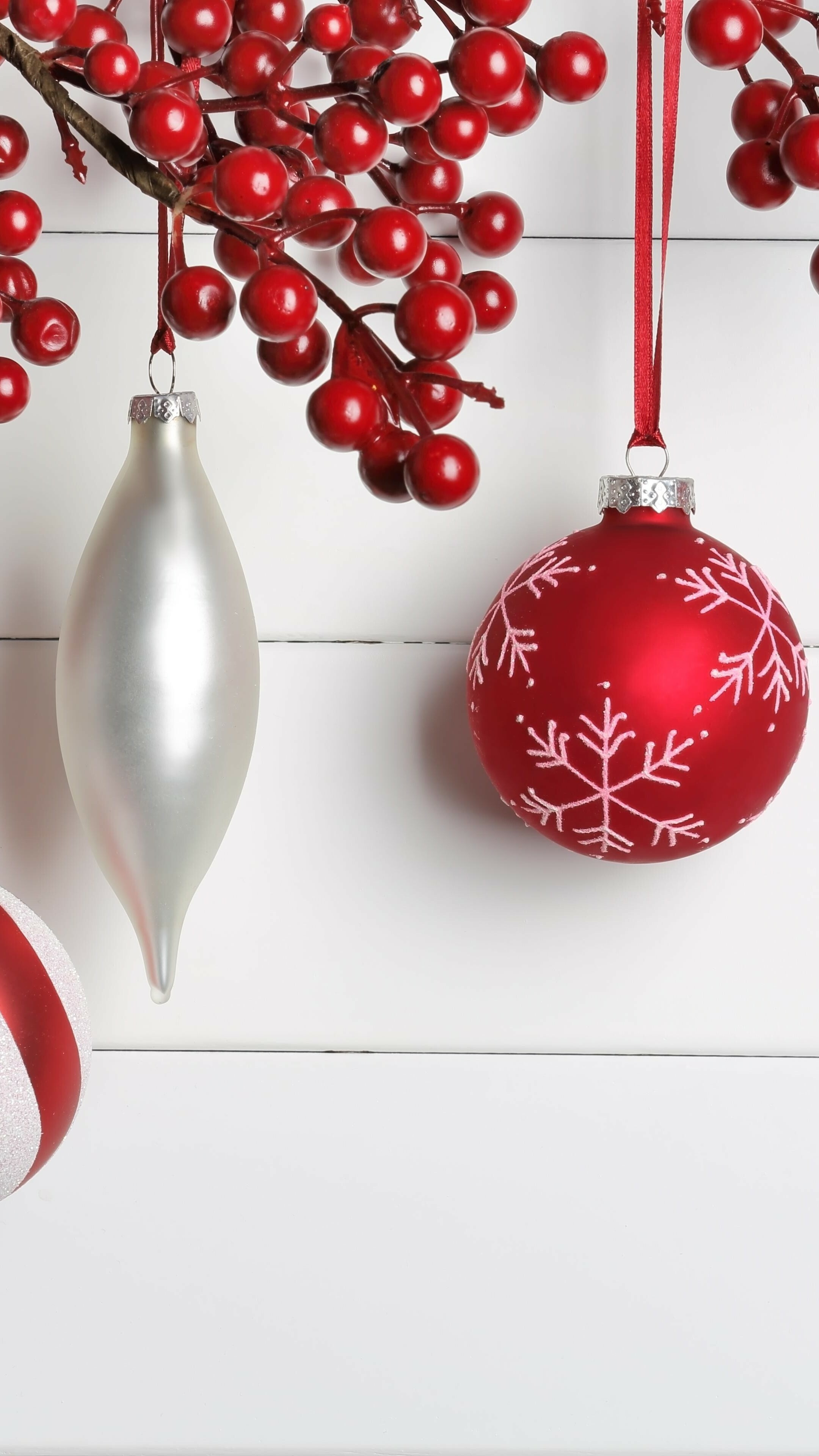 Decorations: Christmas baubles, New Year, Holidays, Joy. 2160x3840 4K Background.