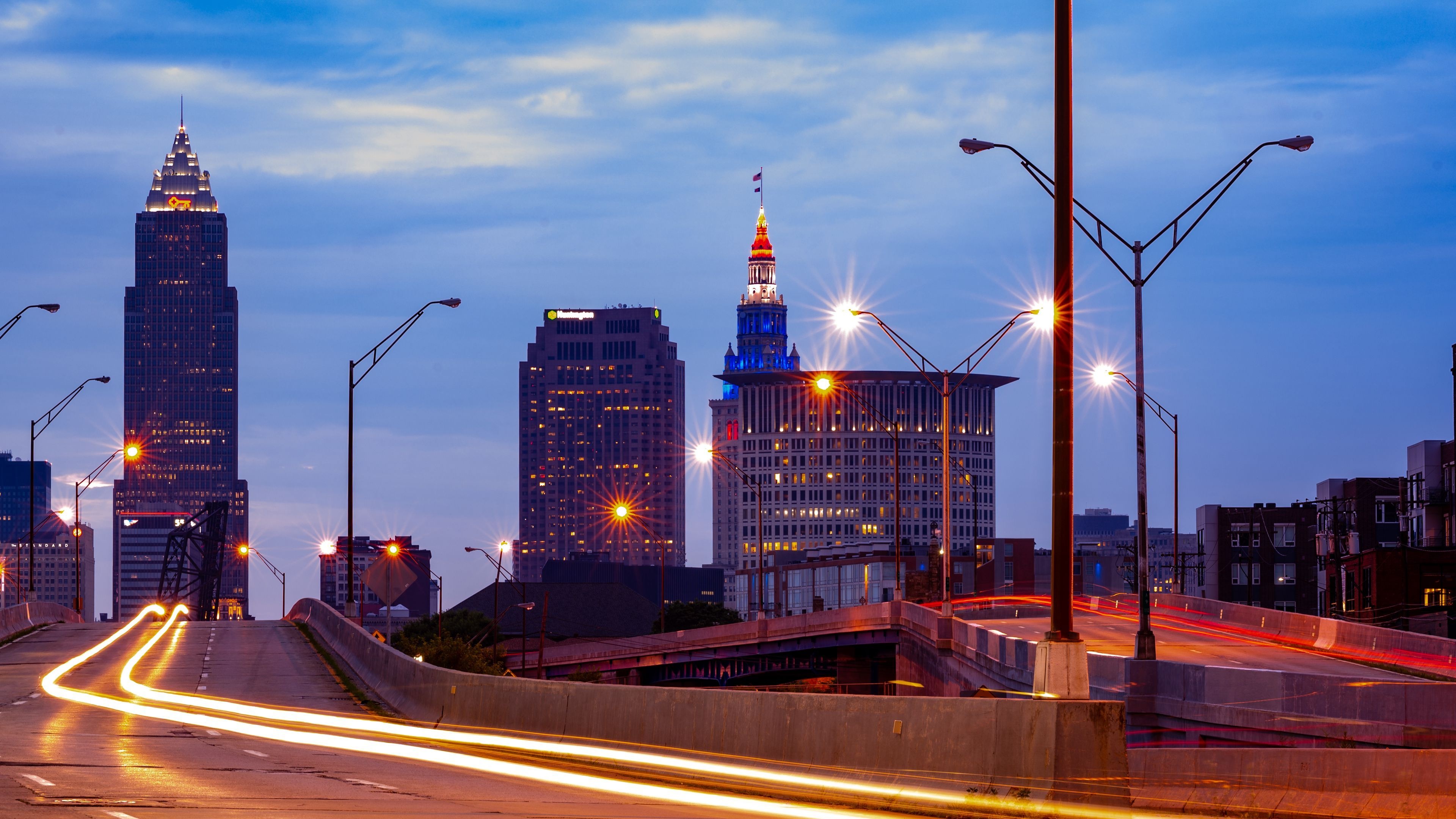 Cleveland, Nighttime cityscape, Long exposure photography, Urban beauty, 3840x2160 4K Desktop