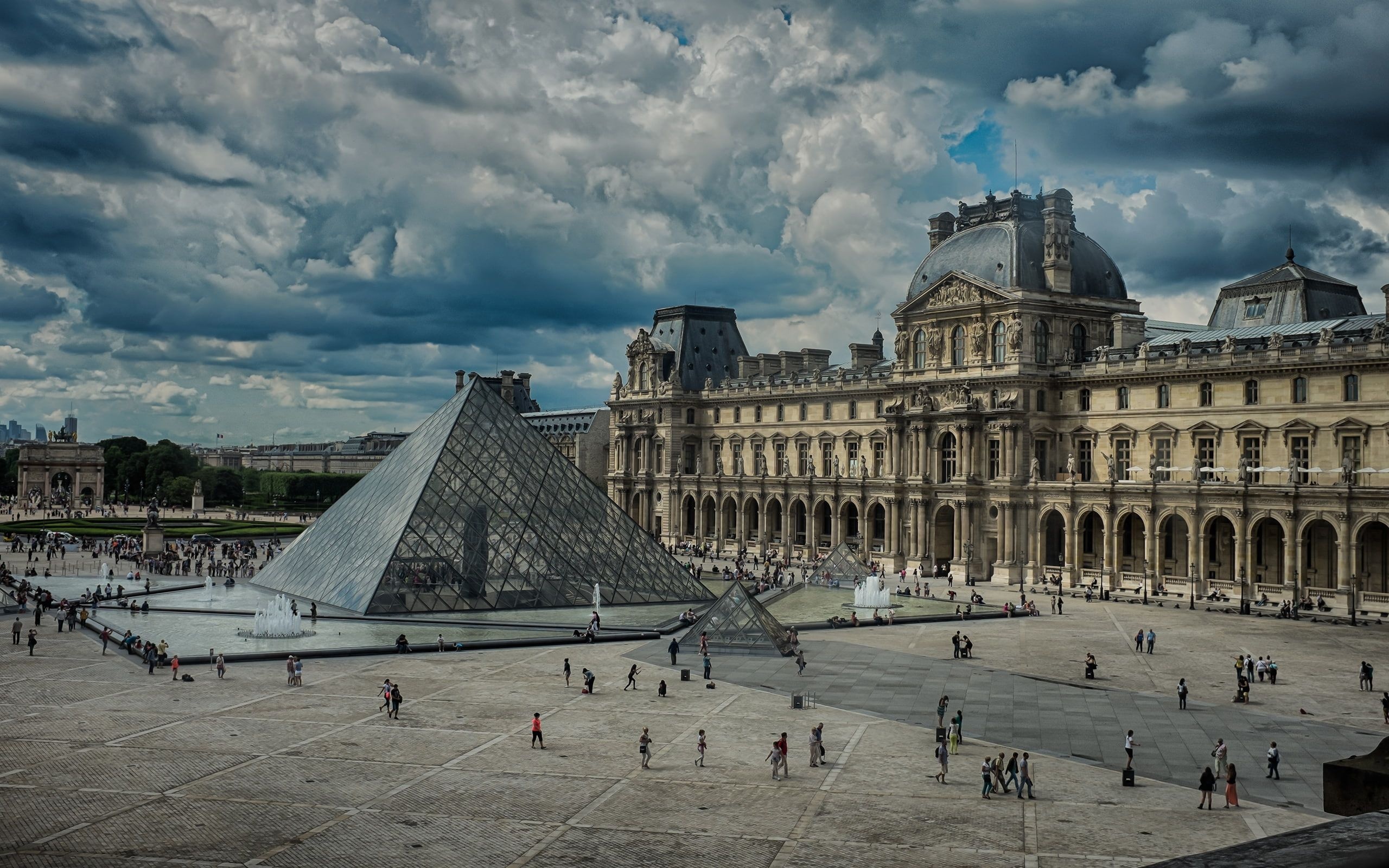 Louvre pyramid, Cloudy Paris, Architectural marvel, Paris buildings, 2560x1600 HD Desktop
