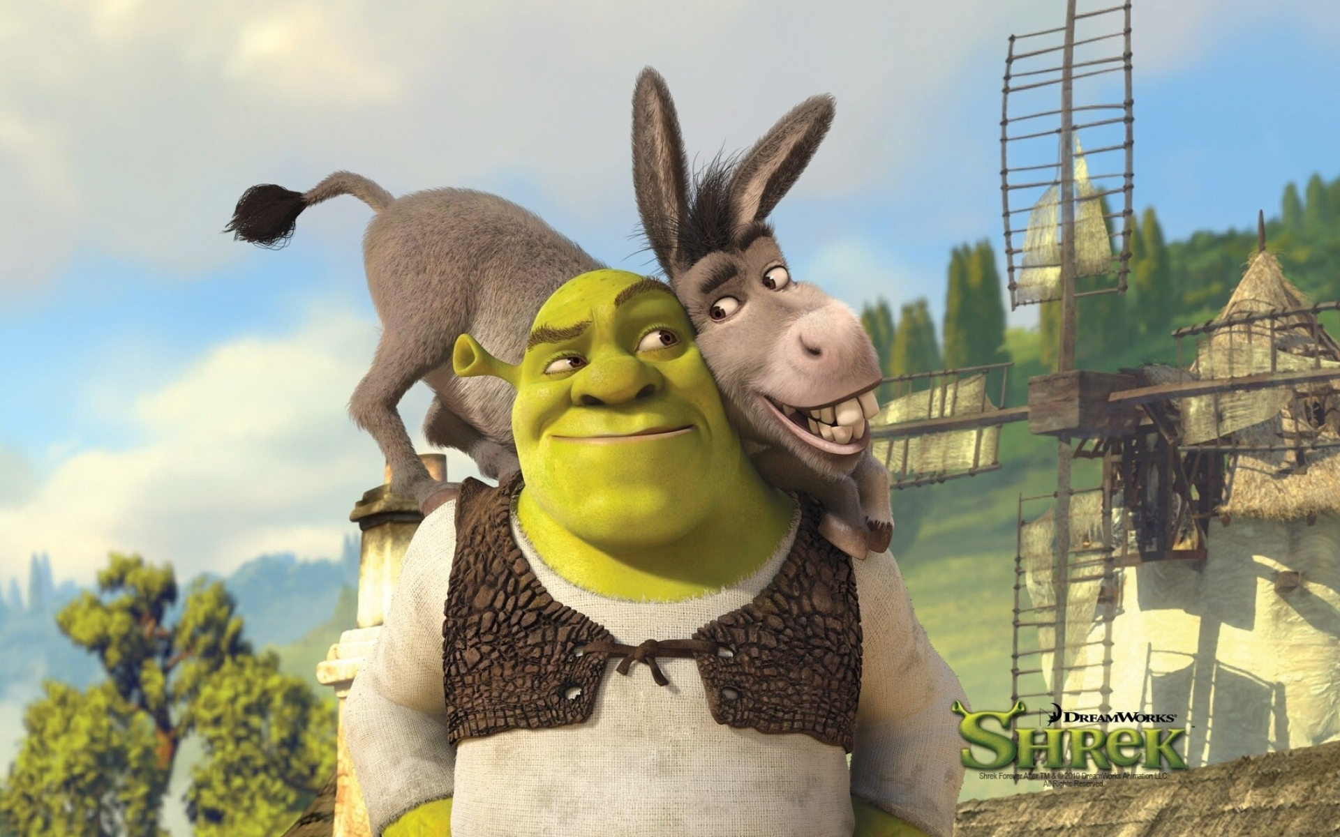 Shrek: A 2001 American computer-animated comedy film loosely based on the 1990 book of the same name by William Steig. 1920x1200 HD Background.