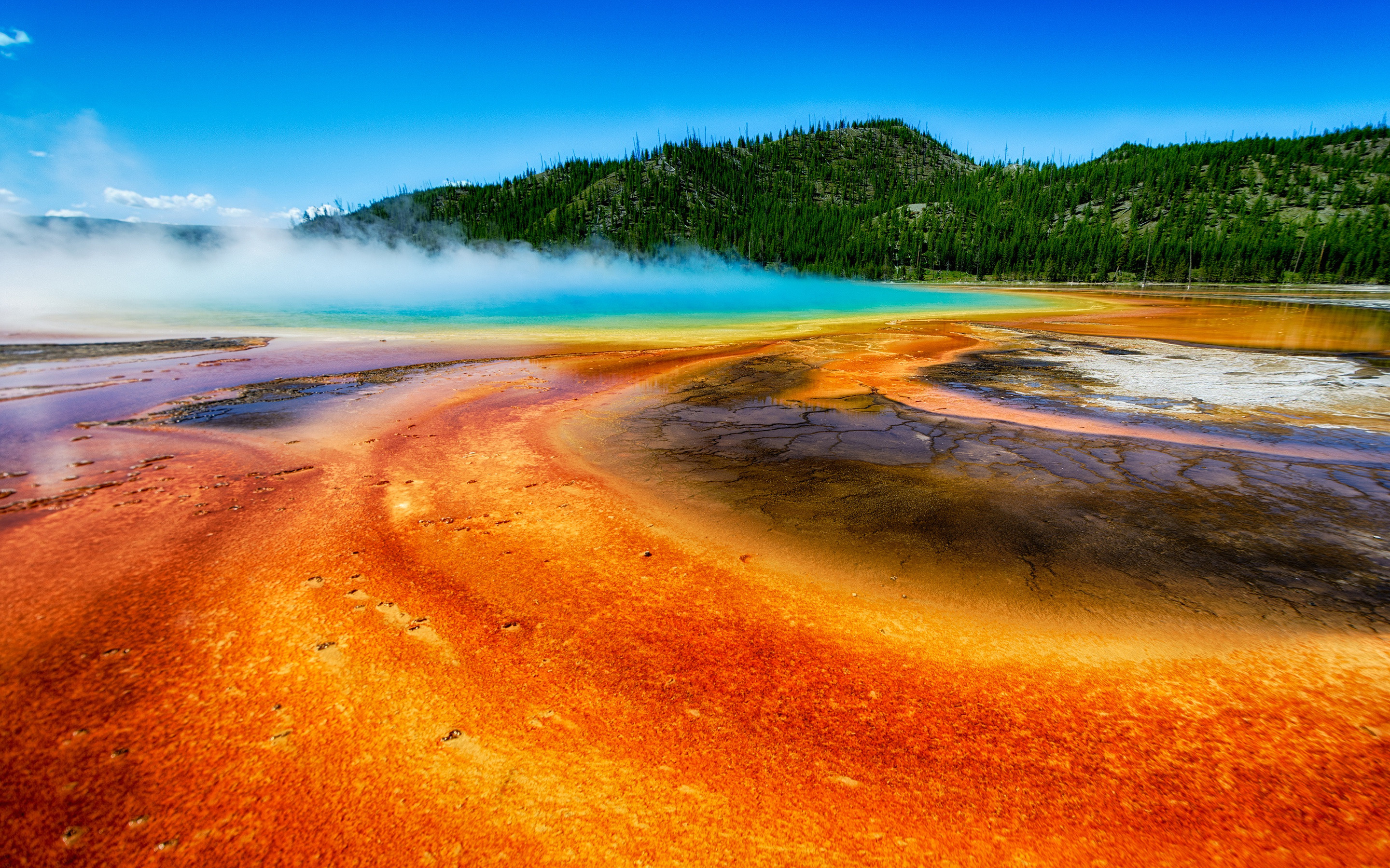 Yellowstone National Park, Grand Prismatic Spring, Vibrant hot spring, Blue lake beauty, 2880x1800 HD Desktop