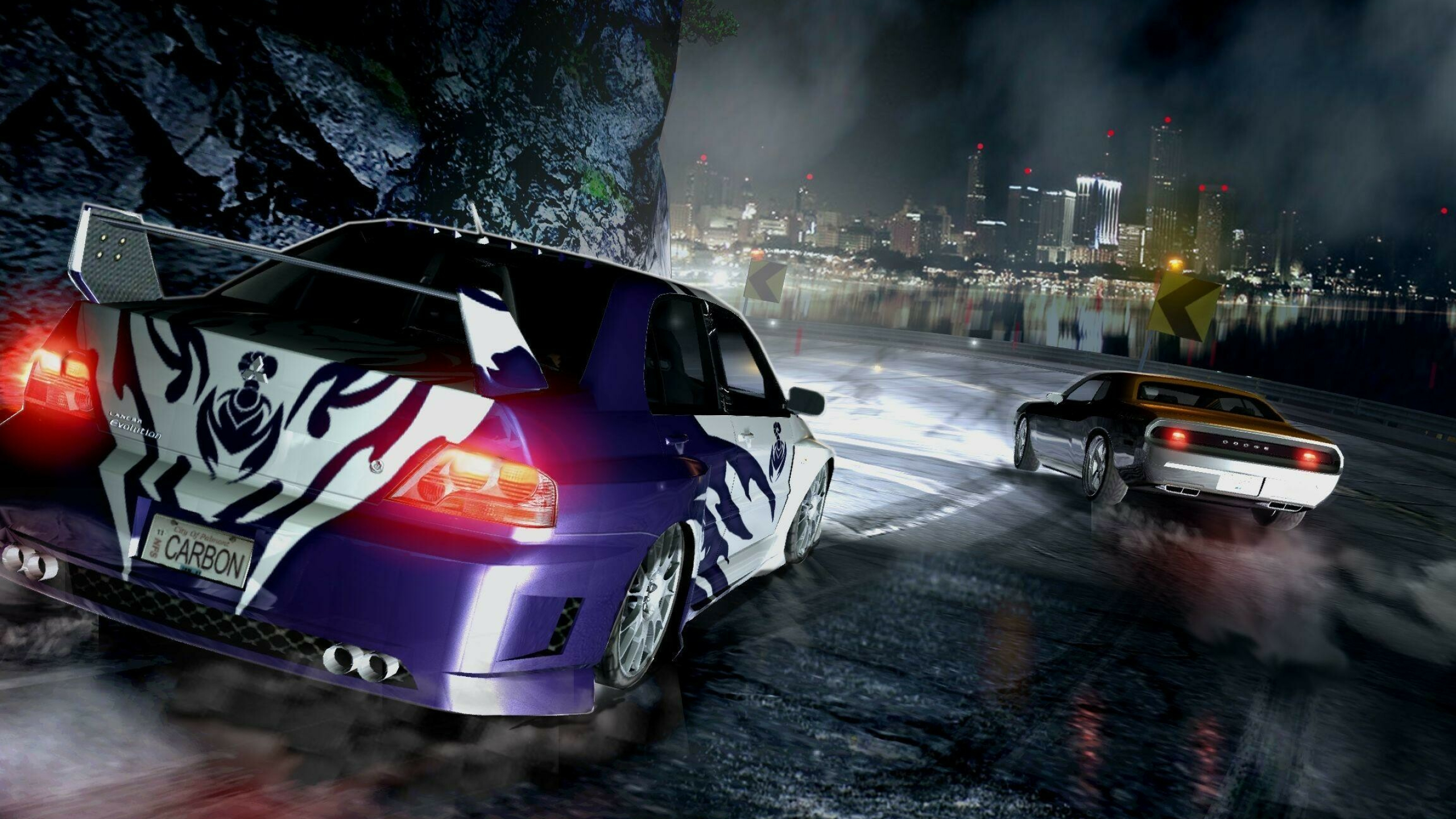 Need for Speed: NFS Carbon, Players conducting illegal street races within the fictional city of Palmont City. 2560x1440 HD Wallpaper.