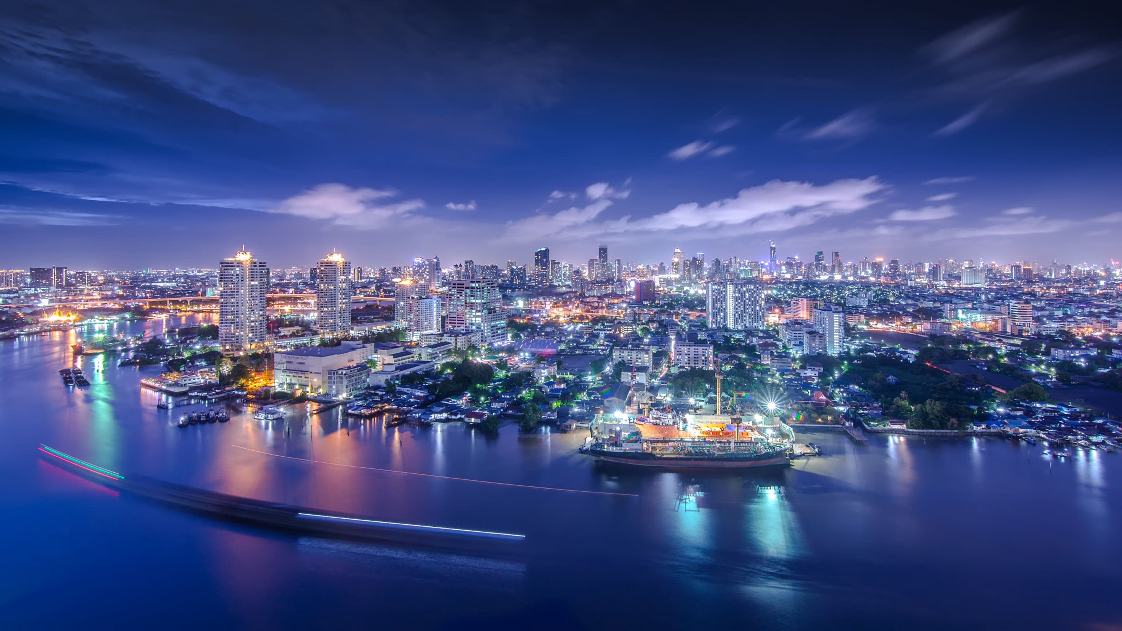 Bangkok: Twilight, Cityscape, Chao Phraya River, Thailand. 3840x2160 4K Background.