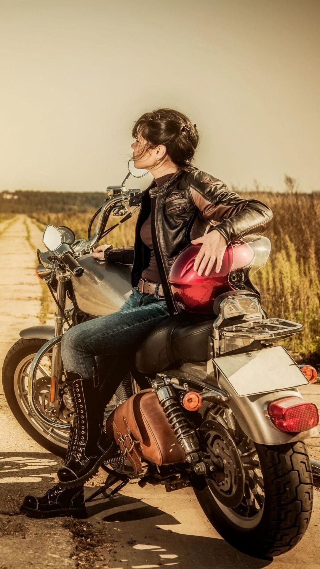 Girls and Motorcycles: Sidebag, Leather jacket, Lace-up boots, Solo motorcycle touring, Riding long distances. 1080x1920 Full HD Wallpaper.