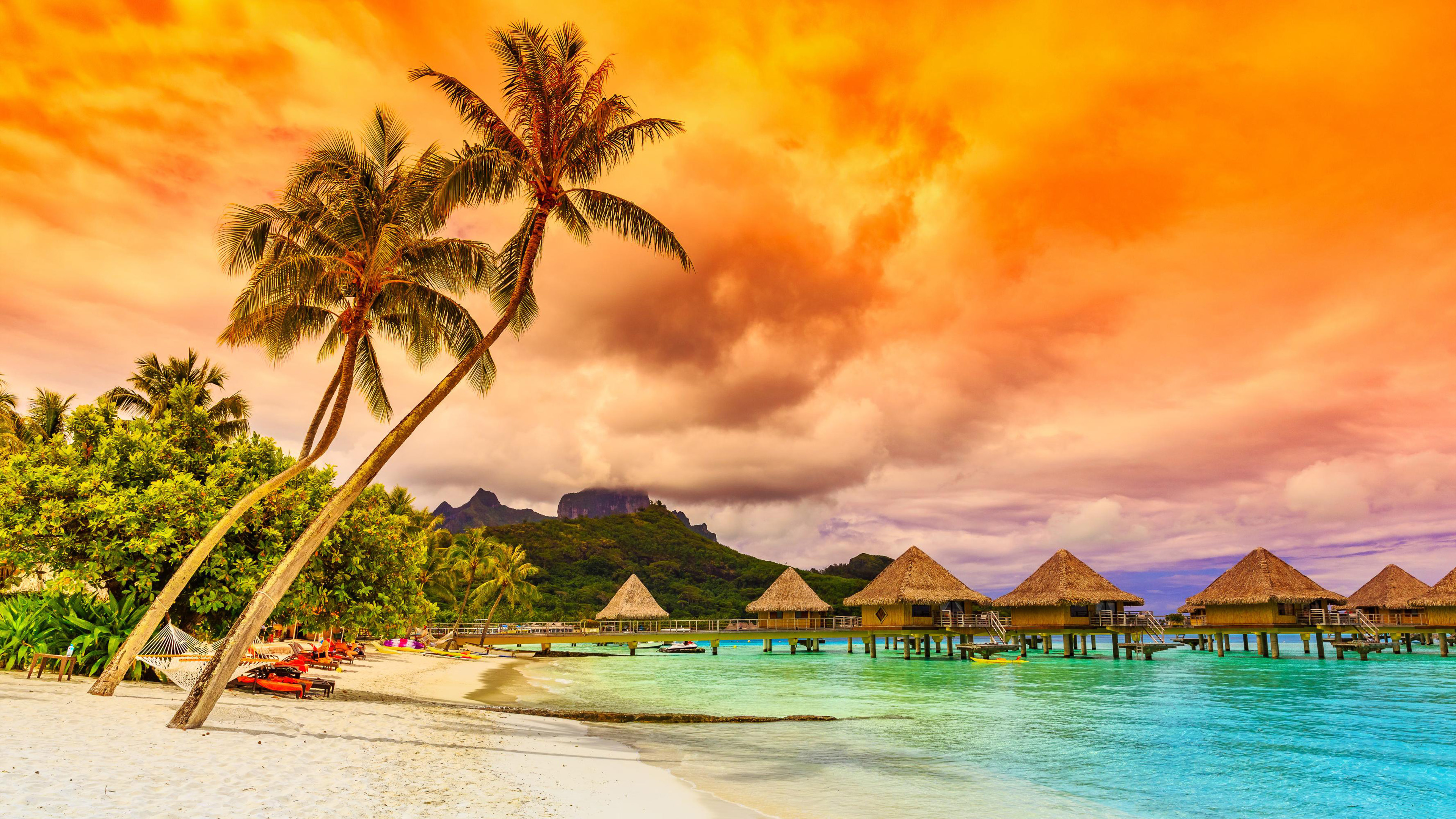 Beach sunset wallpaper, Bora Bora, Relaxing vibes, Tranquil scene, 3840x2160 4K Desktop