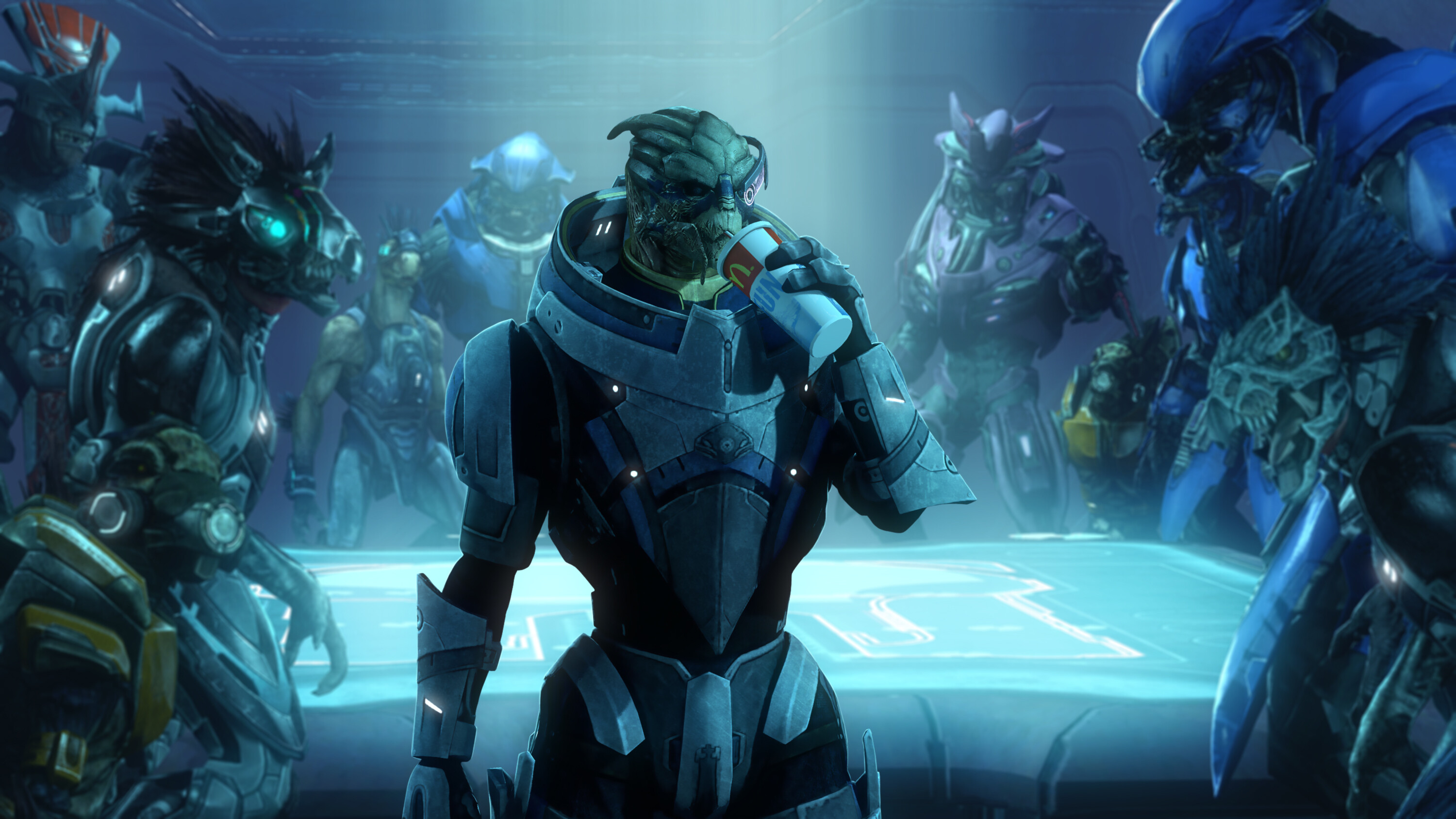 Garrus Vakarian: Mass Effect and HALO crossover, Turian drinking cola from Macdonalds, Science fiction video game. 3000x1690 HD Background.