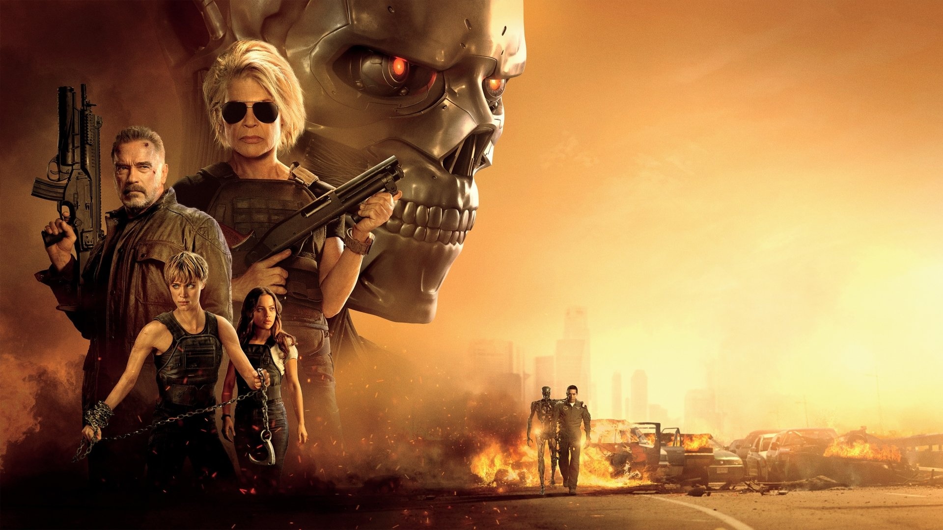 Terminator: Dark Fate: A lethal new cyborg is sent to eliminate the future leader of the resistance, 2019 film. 1920x1080 Full HD Background.