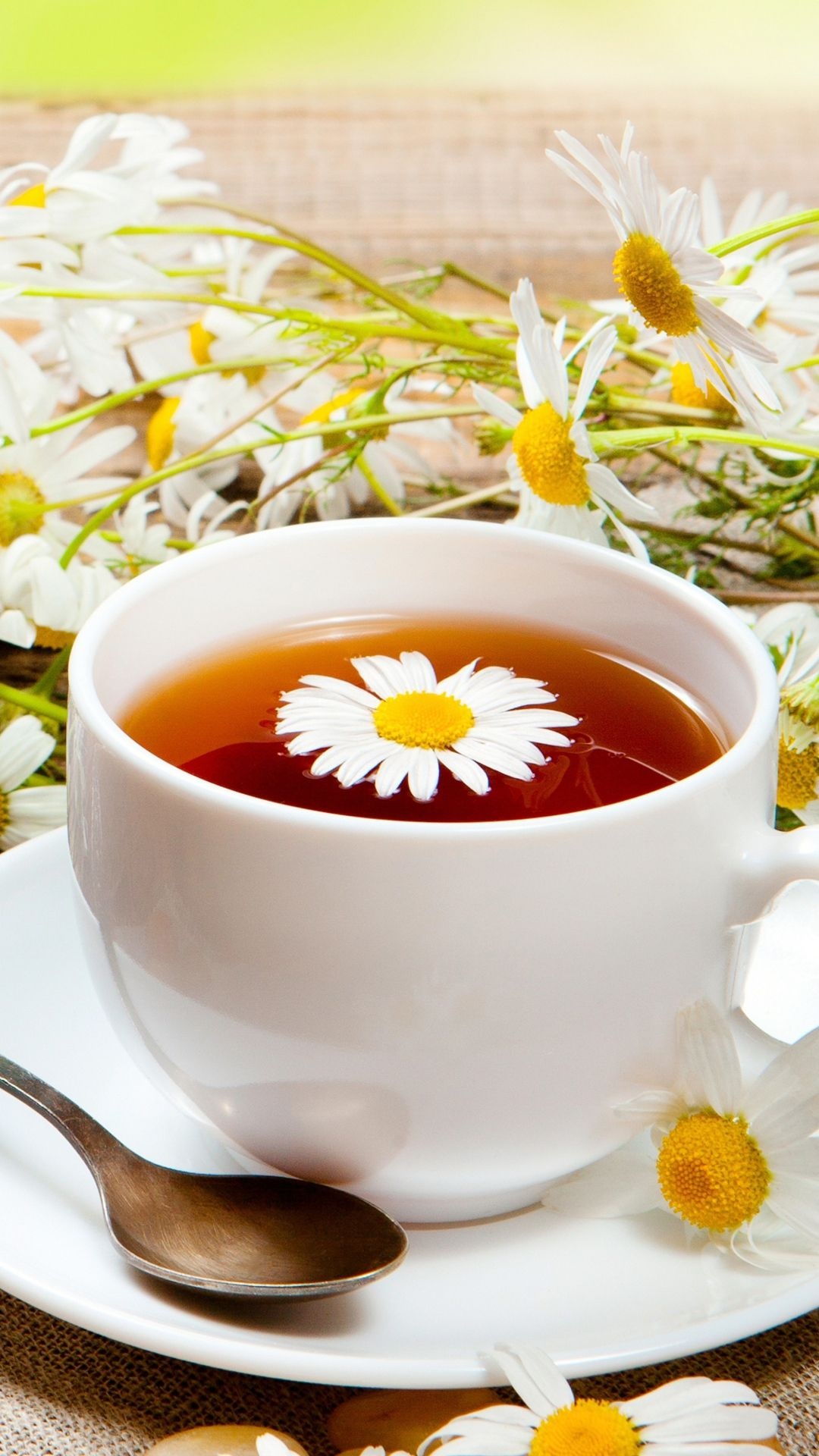 Tea: Saucer, Chamomile, Herbal drink, a natural remedy for a wide range of health issues, Spoon, Mug. 1080x1920 Full HD Background.