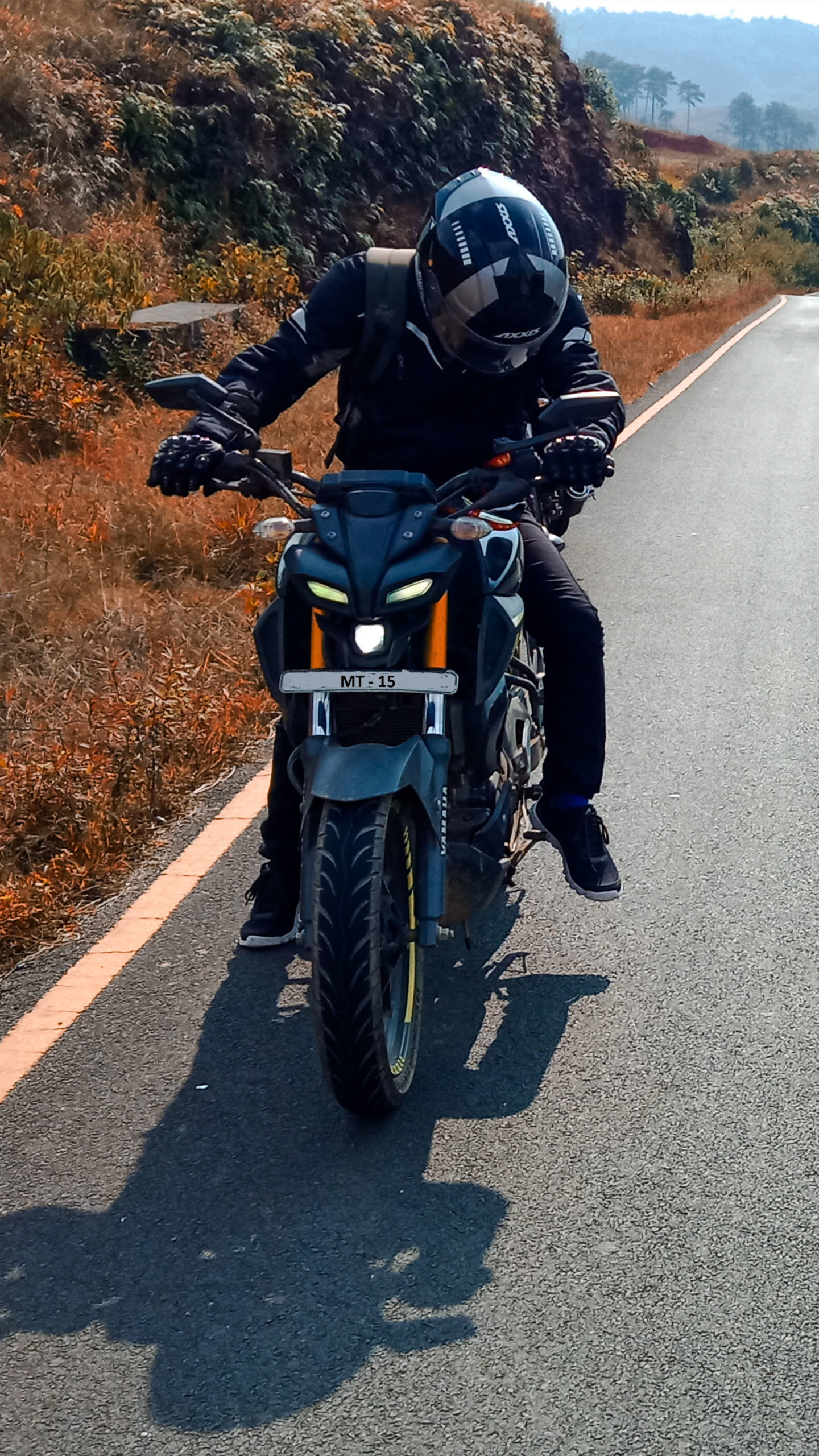 Yamaha MT-15, Rider on highway, Landscape 4K mobile wallpaper, 1440x2560 HD Phone