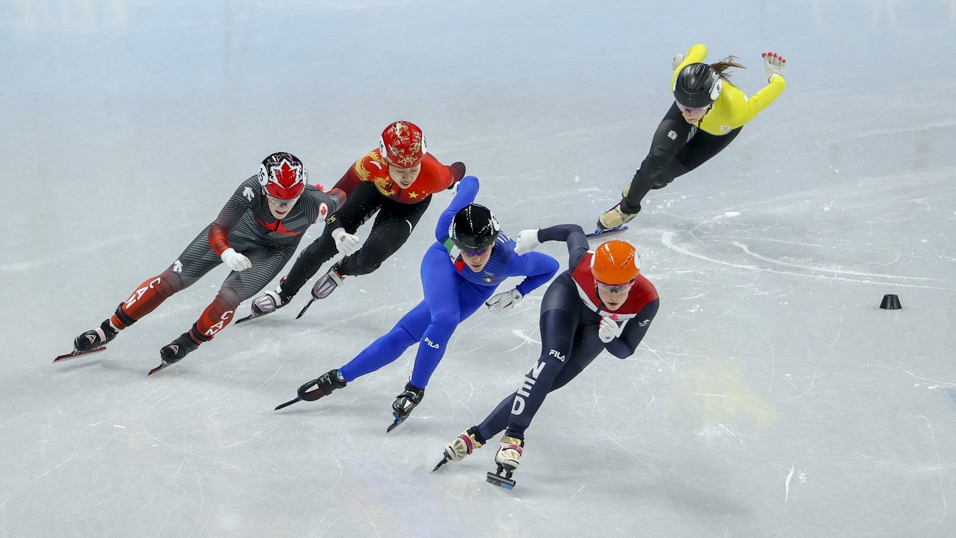 Speed Skating: Suzanne Schulting, Kim Boutin, Yuting Zhang, Hanne Desmet, Women's 500 m Final, Day three. 1920x1080 Full HD Background.