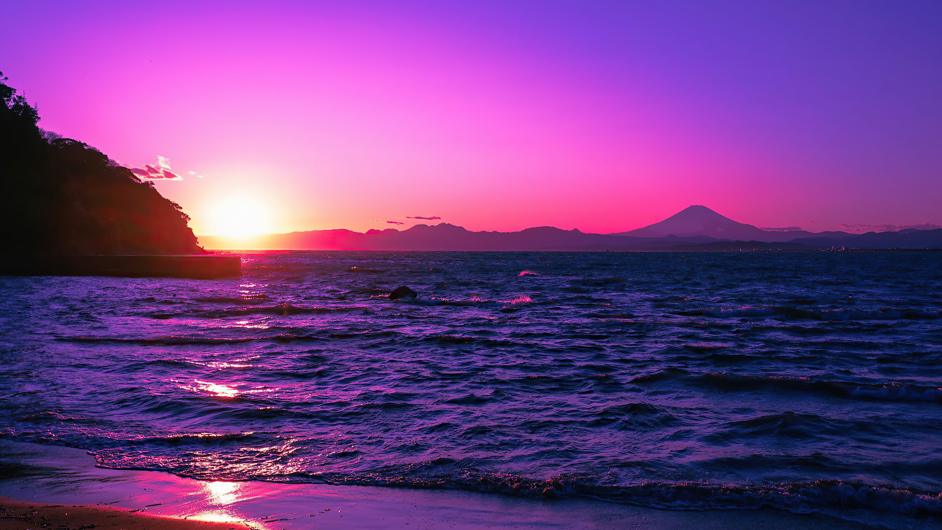Sunset: The daily disappearance of the sun below the western horizon, Seascape. 3840x2160 4K Wallpaper.