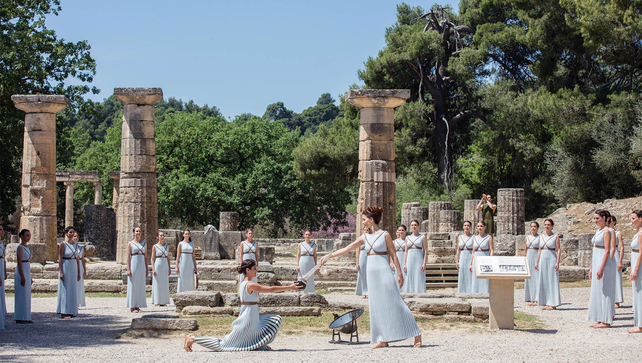 Olympic Flame: Temple of Hera, Olympia, The ceremony of lighting the flame of the XXXII Summer Olympic Games, Greece. 2120x1200 HD Background.