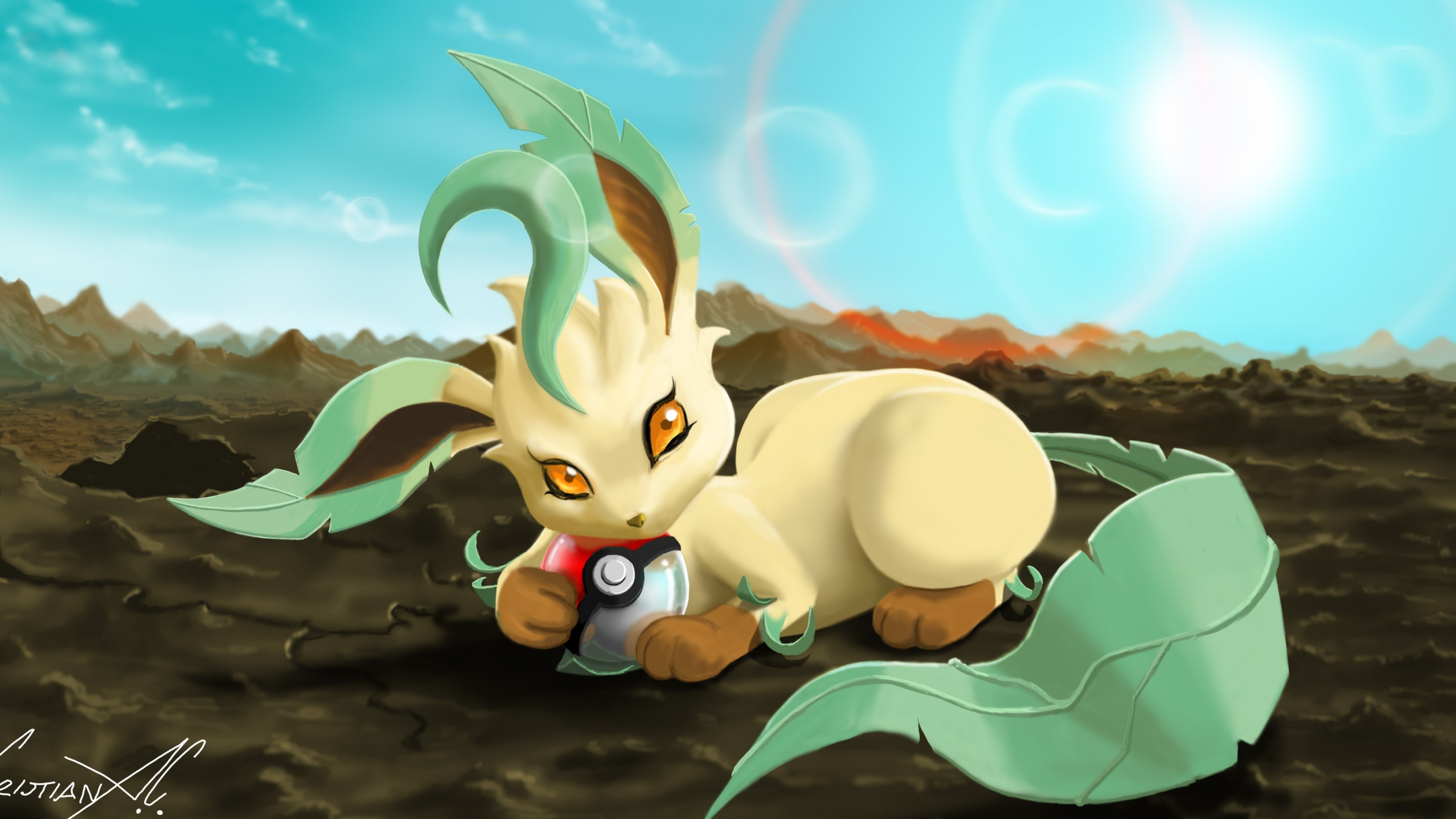 Grass (Pokemon): Leafeon, Performs photosynthesis inside its body and creates pure air, Razor Leaf. 3840x2160 4K Background.