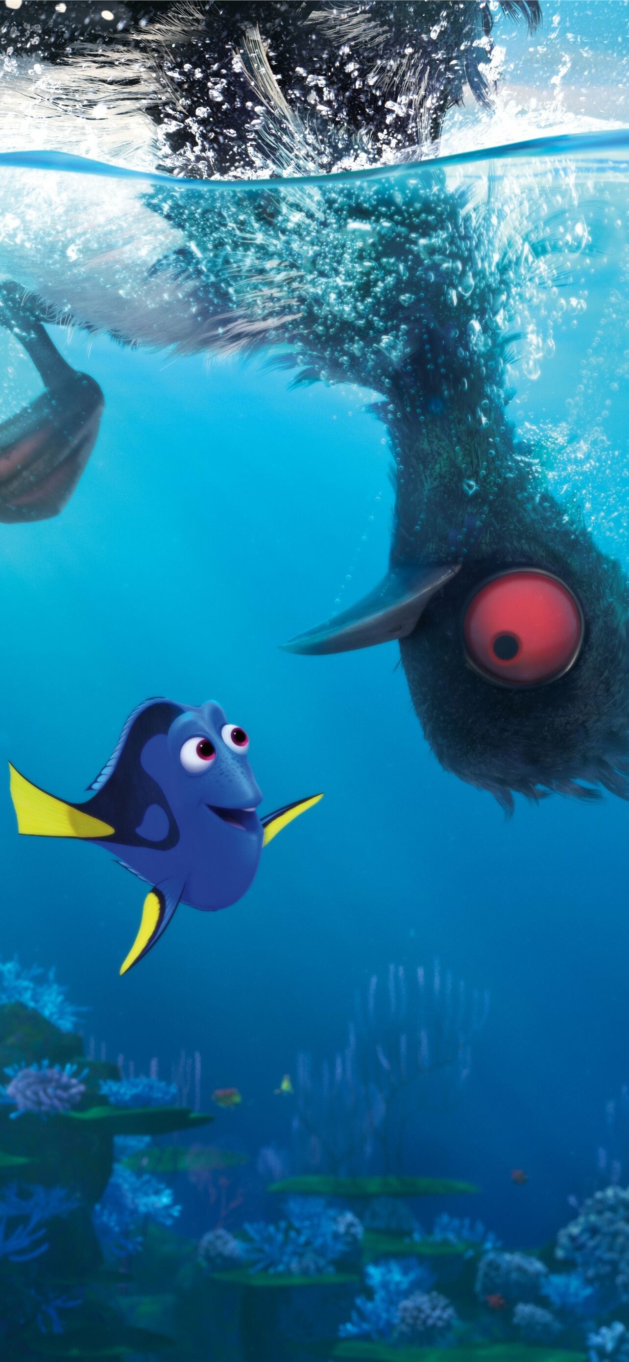 Finding Dory: The friendly blue fish with short-term memory problems goes looking for her family, Animated film. 1290x2780 HD Background.