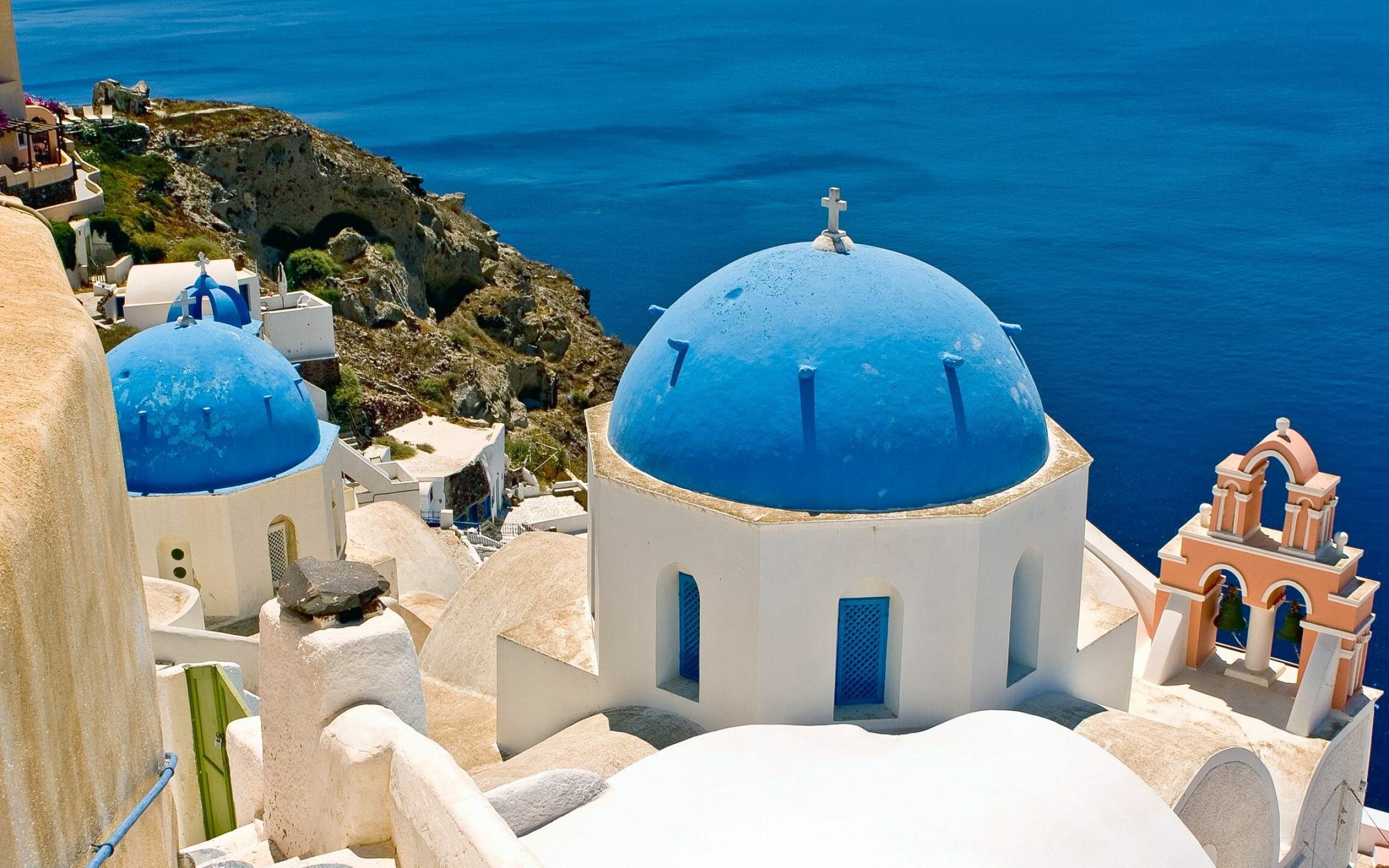 Greece: The Blue Domed Church on Santorini, Travel, Sea. 2560x1600 HD Background.
