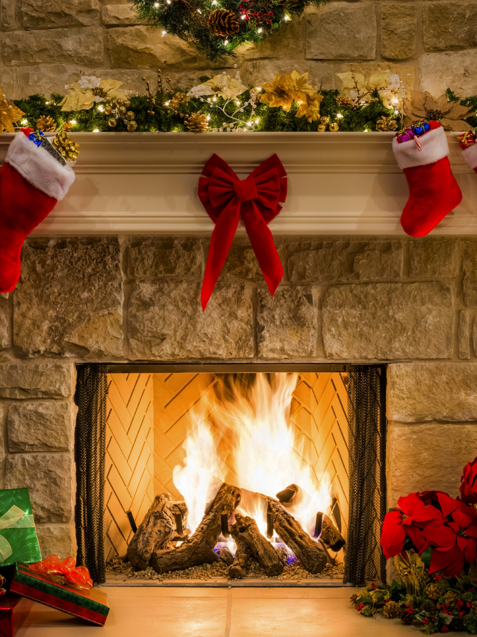 Christmas Fireplace: Hearth, Flame, Wood, Holiday decorations. 1540x2050 HD Background.