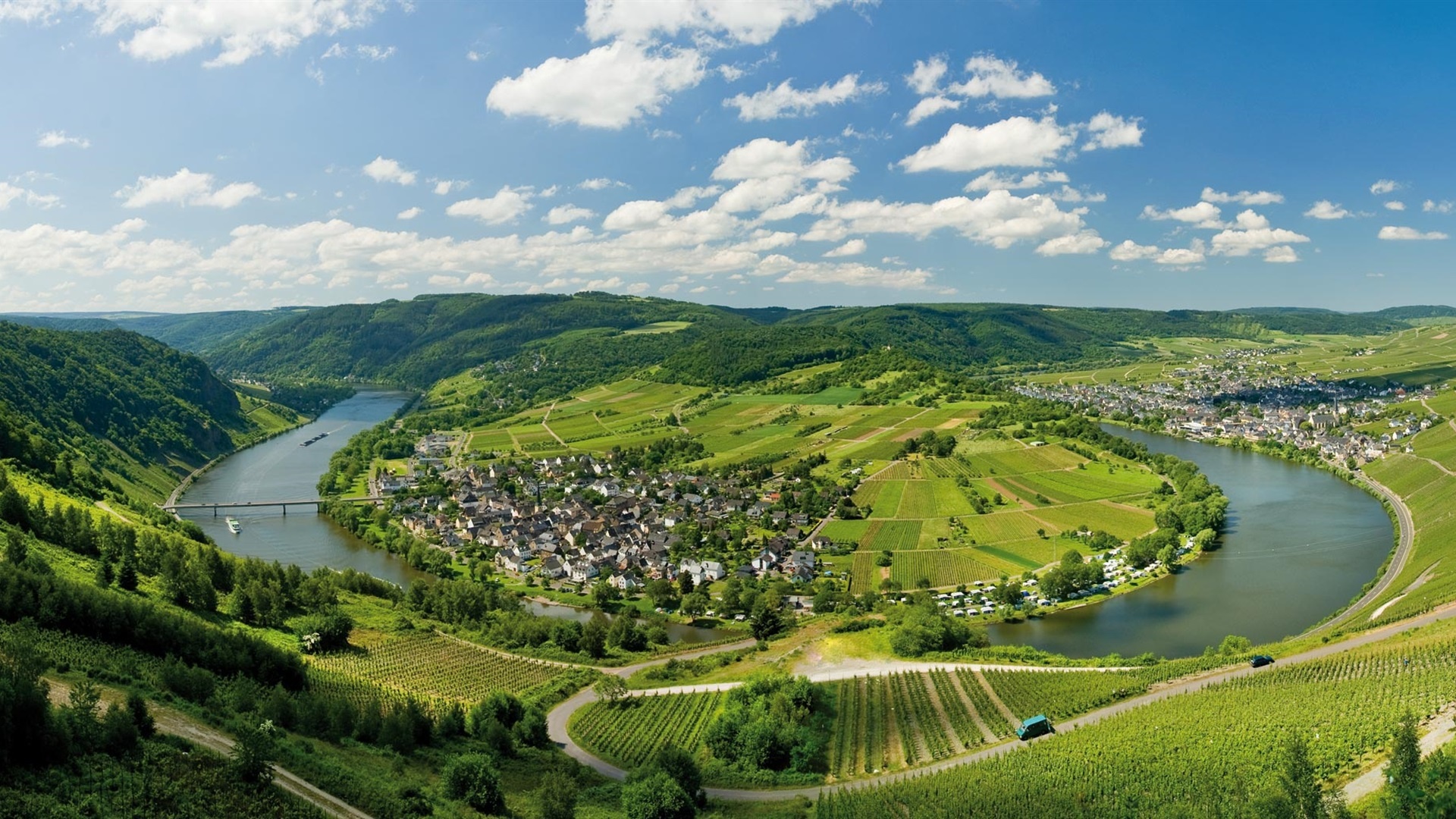 The Rhine River, Germany Mosel houses, river fields, mountains, 1920x1080 Full HD Desktop