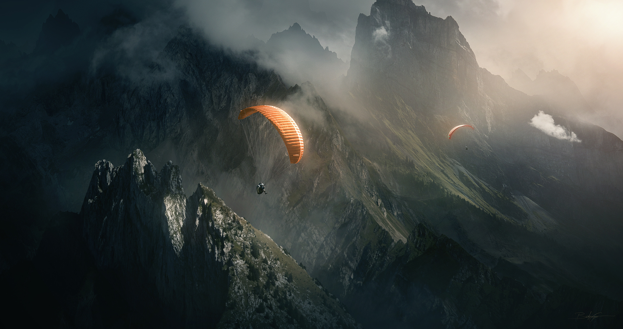 Air Sports: Skydiving, Two paragliders floating in rocks in fog. 2100x1110 HD Background.