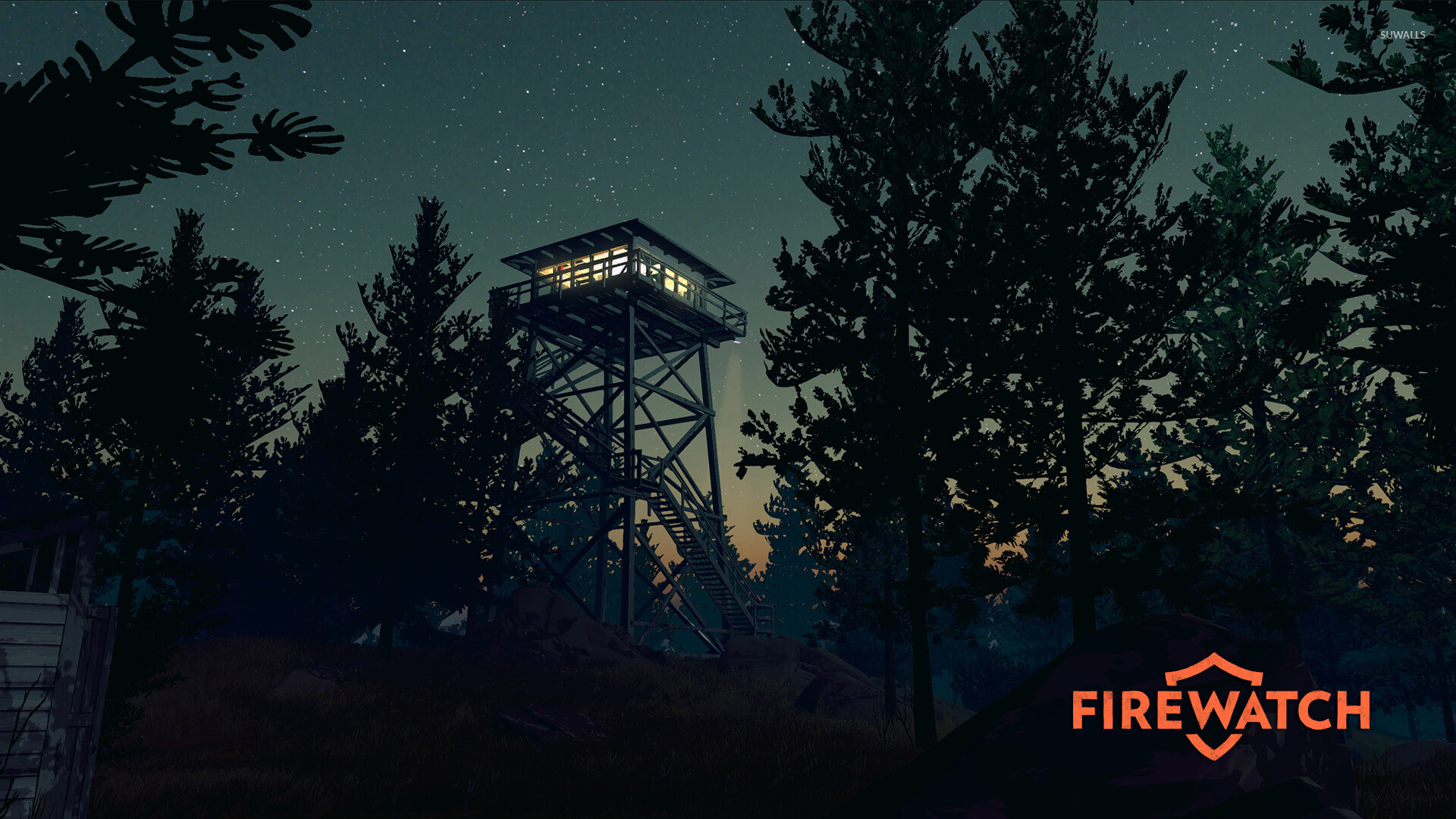 Firewatch: Fire lookout tower in the night, Video game. 1920x1080 Full HD Wallpaper.