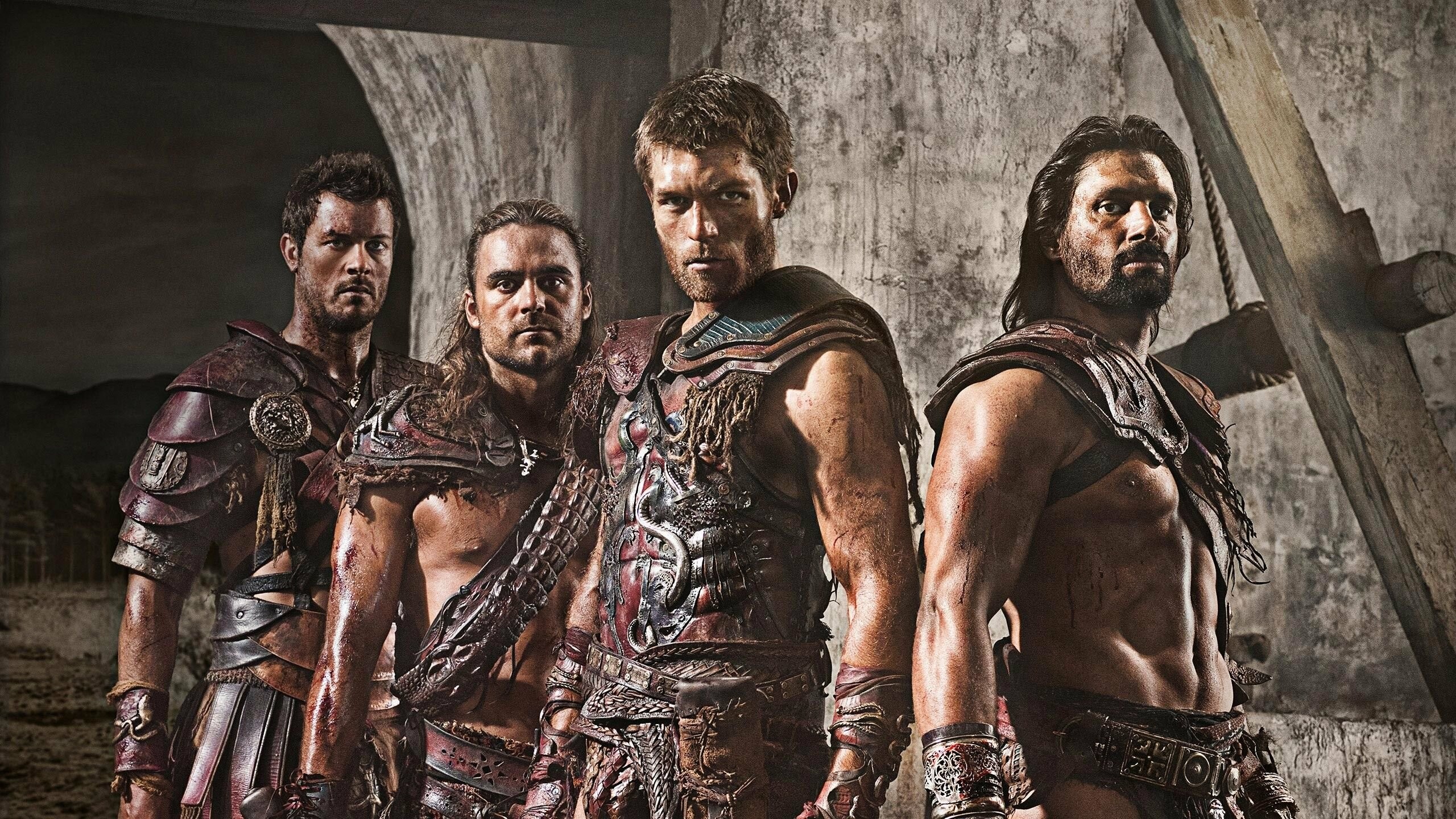 Spartacus: Gods of the Arena: Dustin Clare as Gannicus, Manu Bennett as Crixus, Dan Feuerriegel as Agron. 2560x1440 HD Wallpaper.