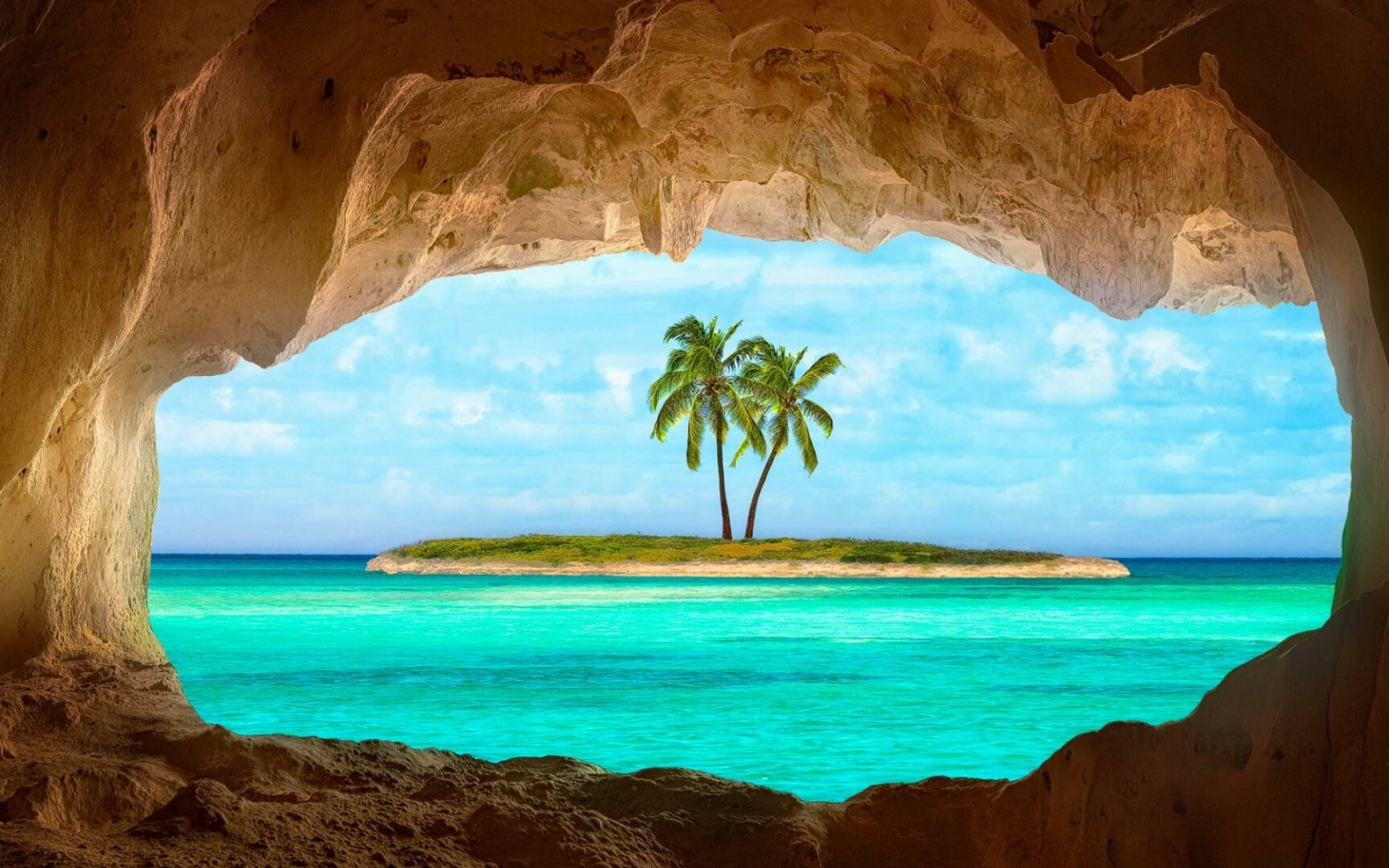 Island: An atoll, A coral reef, Palms, Ocean, Beach. 1920x1200 HD Background.