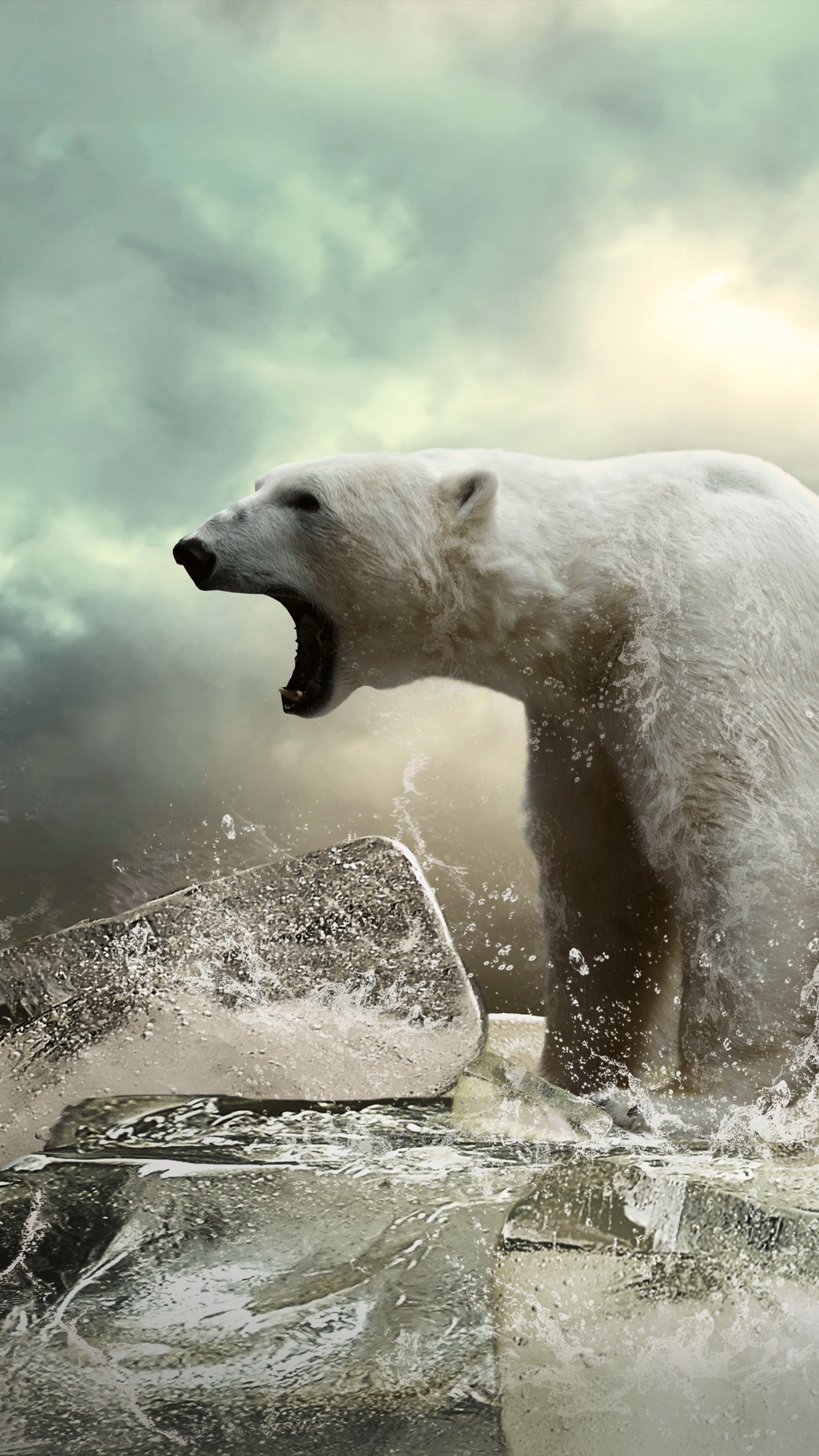 Roaring polar bear, Icy ocean, Powerful presence, Arctic predator, 2160x3840 4K Phone