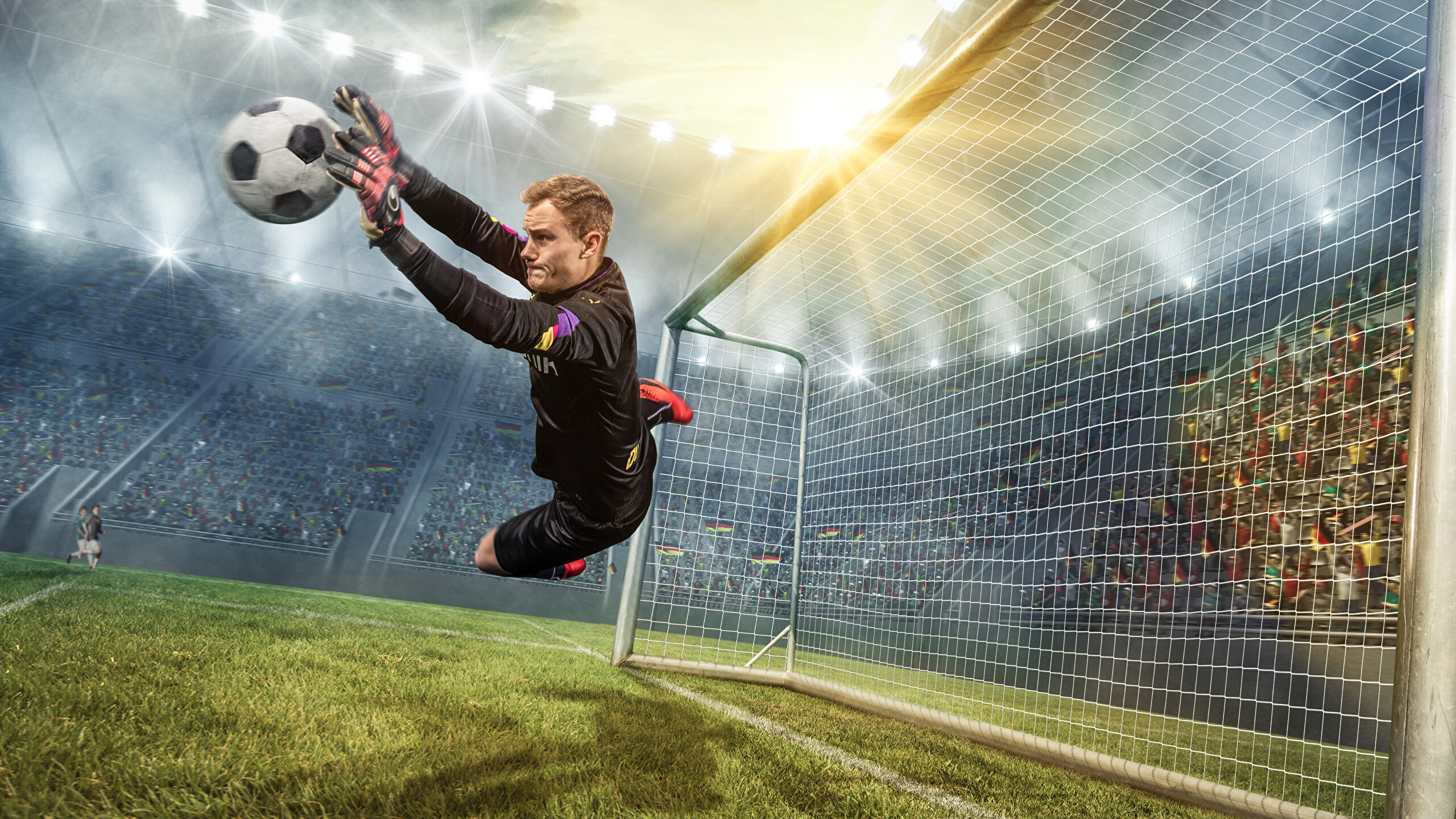 Goal (Sports): Goalkeeper catching the ball, Basic ball handling, Goalposts, Playing sports. 2560x1440 HD Wallpaper.