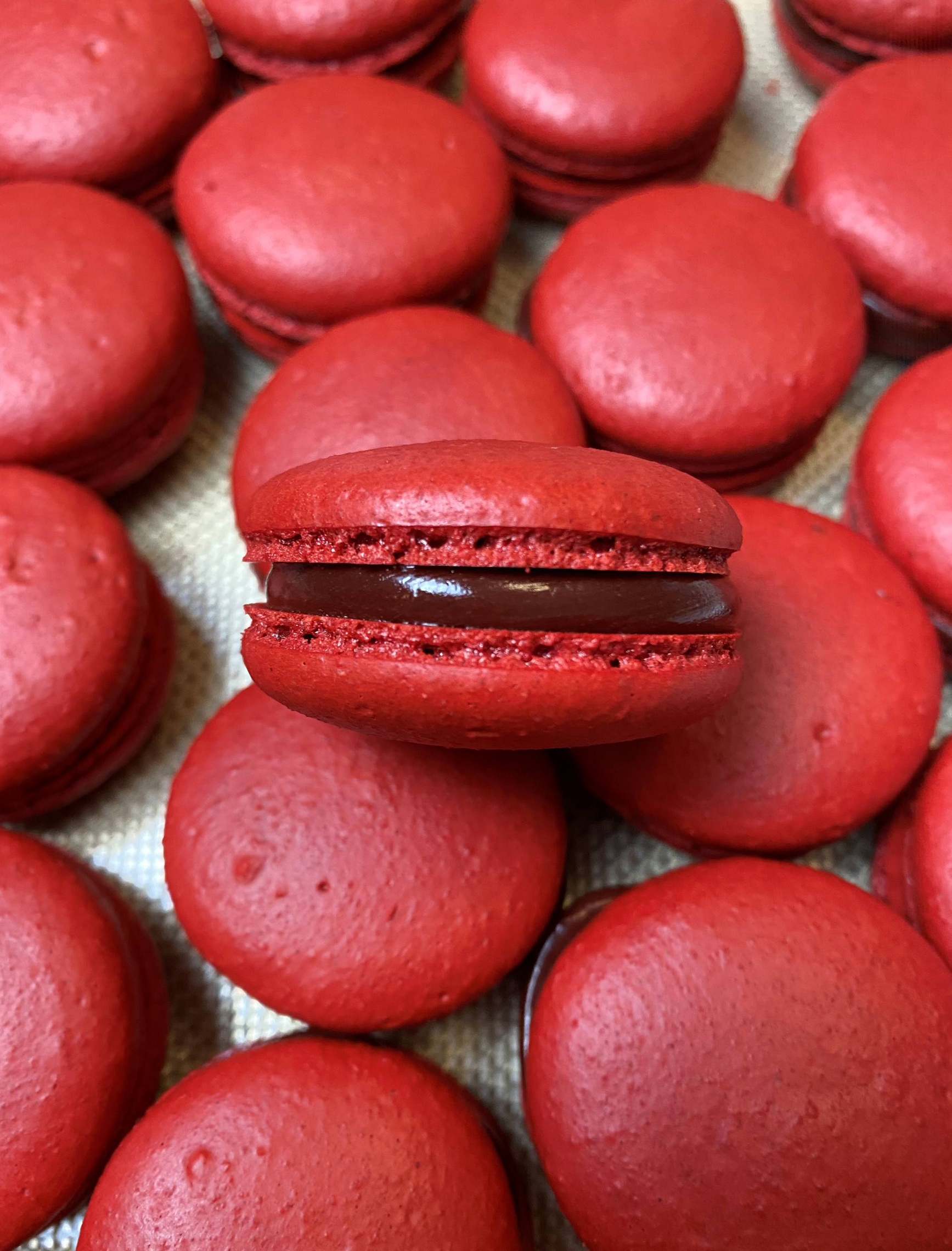 Macaron: Biscuit made from egg white and almonds, Crimson Red Velvet. 1740x2280 HD Background.