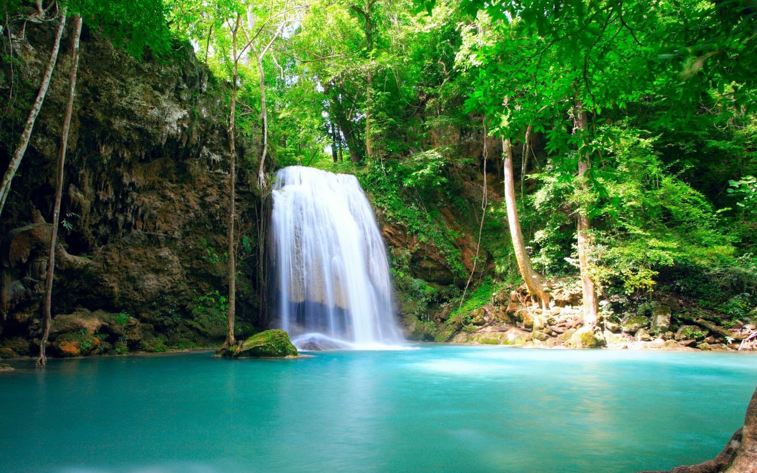 Waterfall: Tropical environment, Erawan Falls, Thailand. 2560x1600 HD Wallpaper.