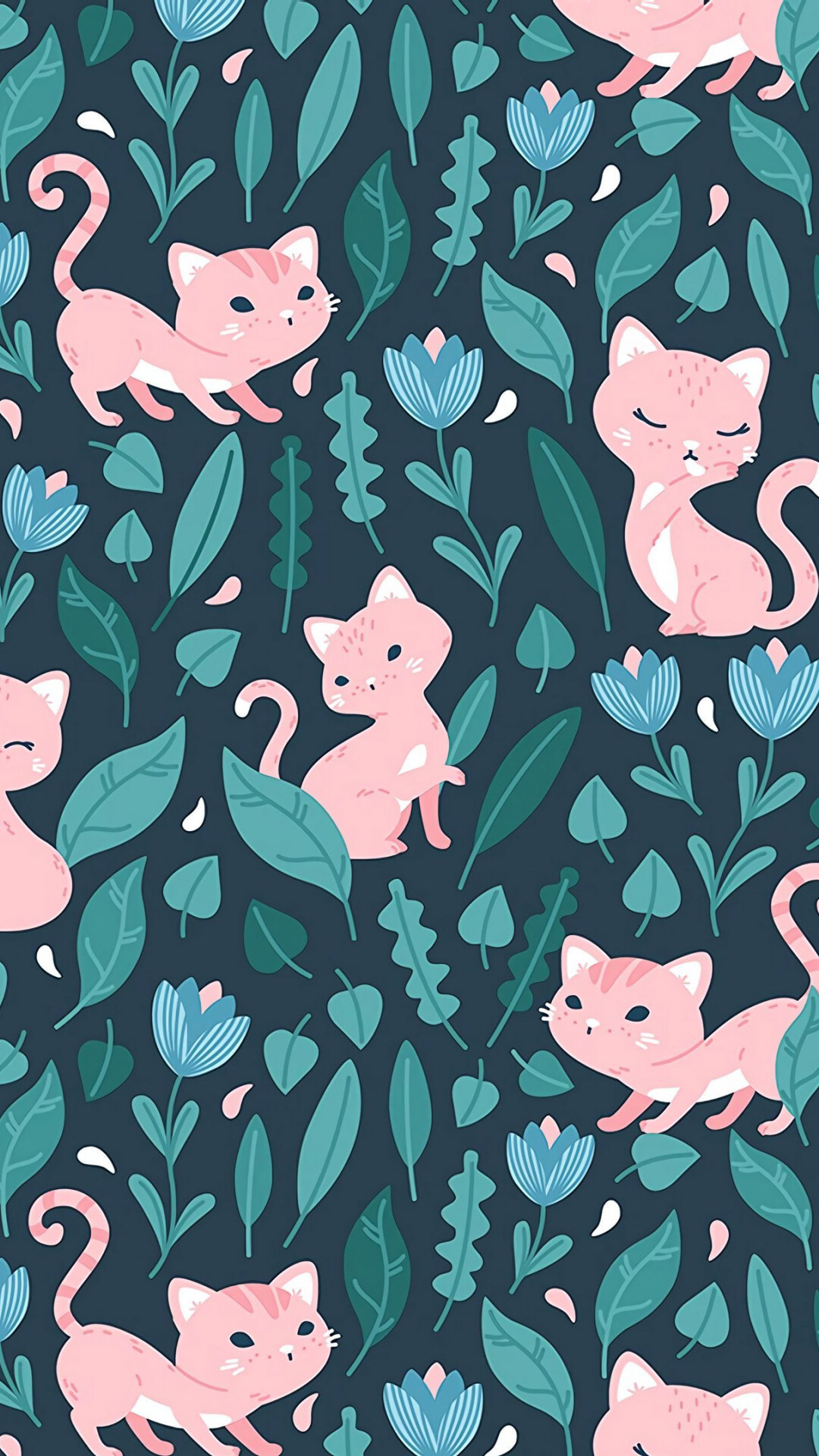 Girly: Pink cats, Leafs, Funny and cute kittens playing in the grass, Floral. 1080x1920 Full HD Background.