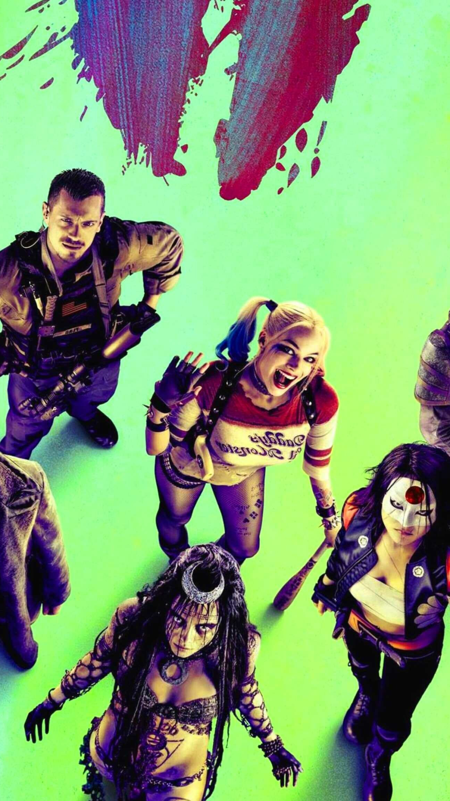 Suicide Squad: The recurring members include Enchantress, Katana, Killer Croc, Captain Boomerang, Deadshot, and Harley Quinn. 1440x2560 HD Background.