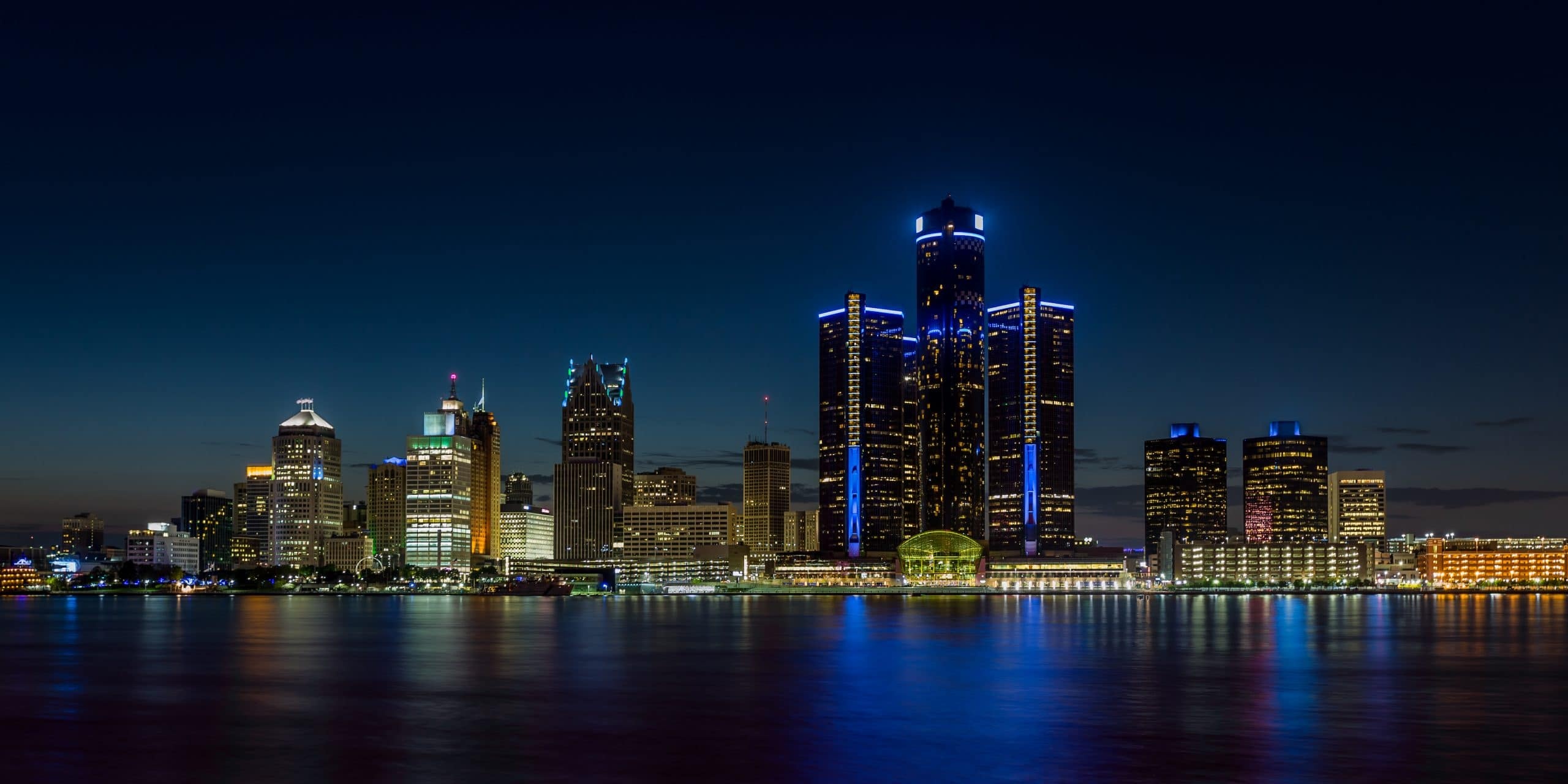 Detroit Skyline, Travels, Automotive industry, Sony technology, 2560x1280 Dual Screen Desktop