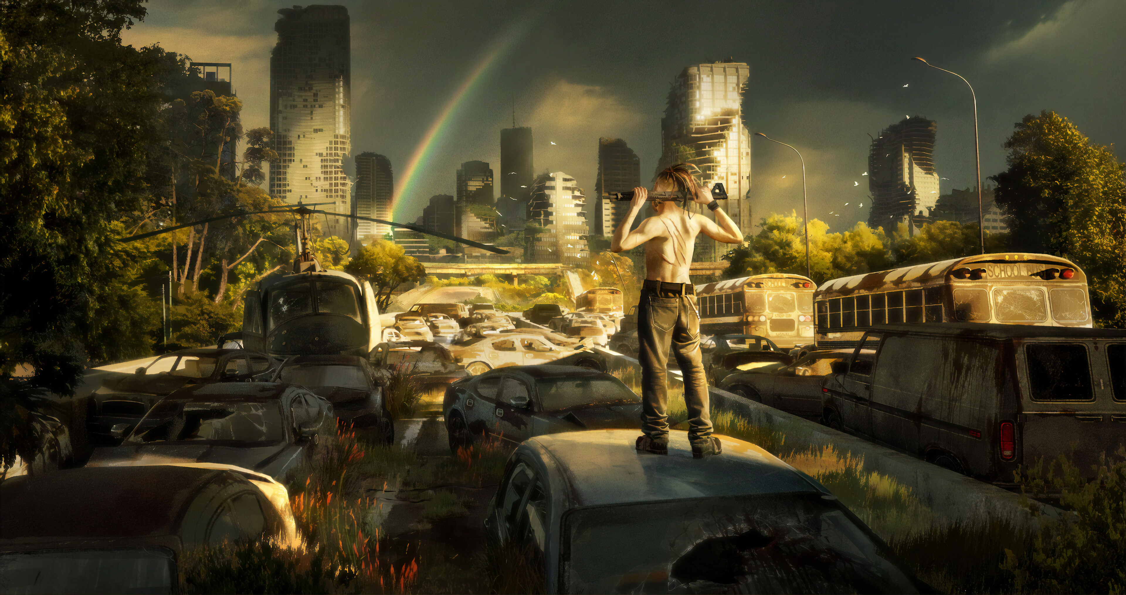 Post-apocalypse: An event resulting in great destruction and violent change, Science fiction. 3840x2030 HD Background.