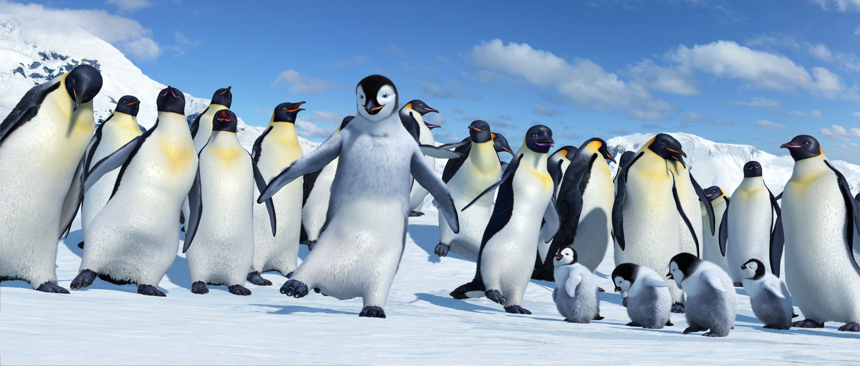 Happy Feet, Adorable penguins, High-quality image, Vibrant colors, 2820x1200 Dual Screen Desktop