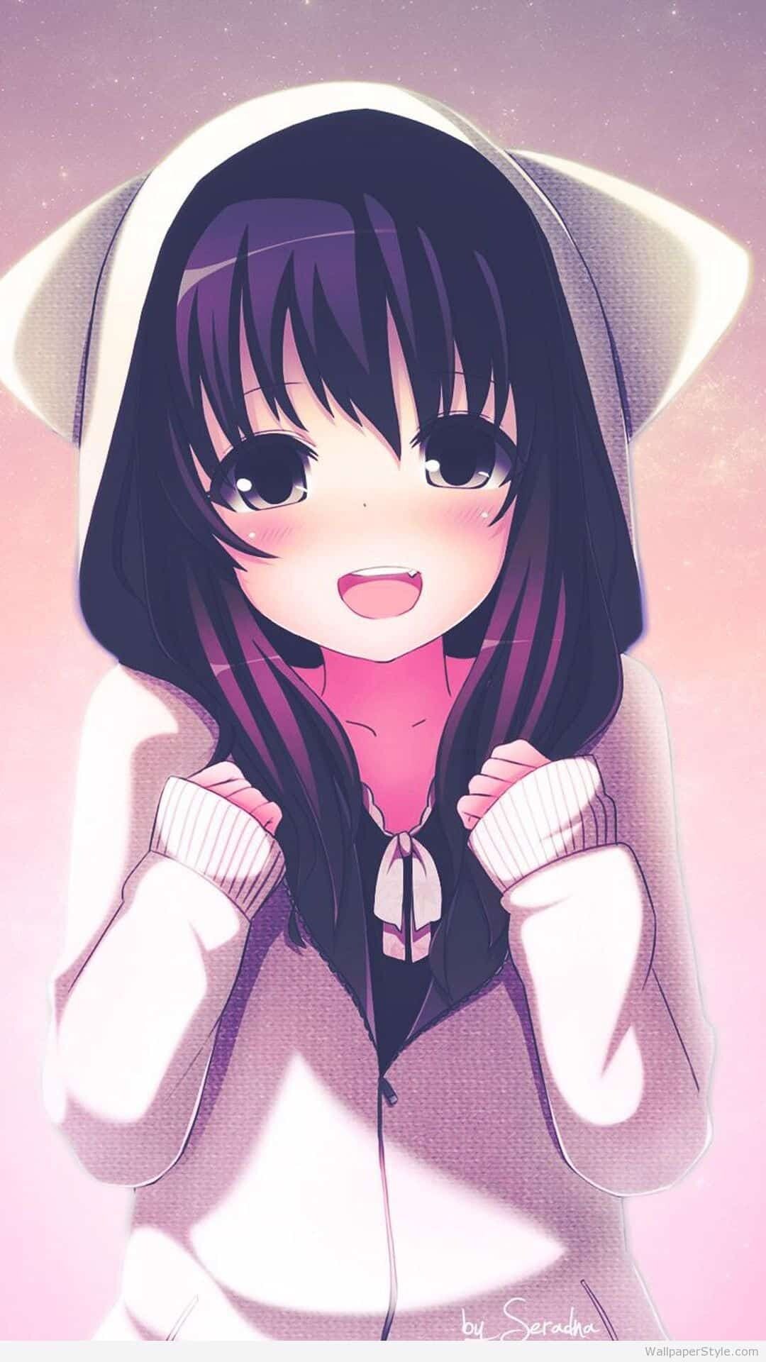 Girly: Anime and manga character, A girl wearing a pink hoodie, A female cartoon character. 1080x1920 Full HD Wallpaper.