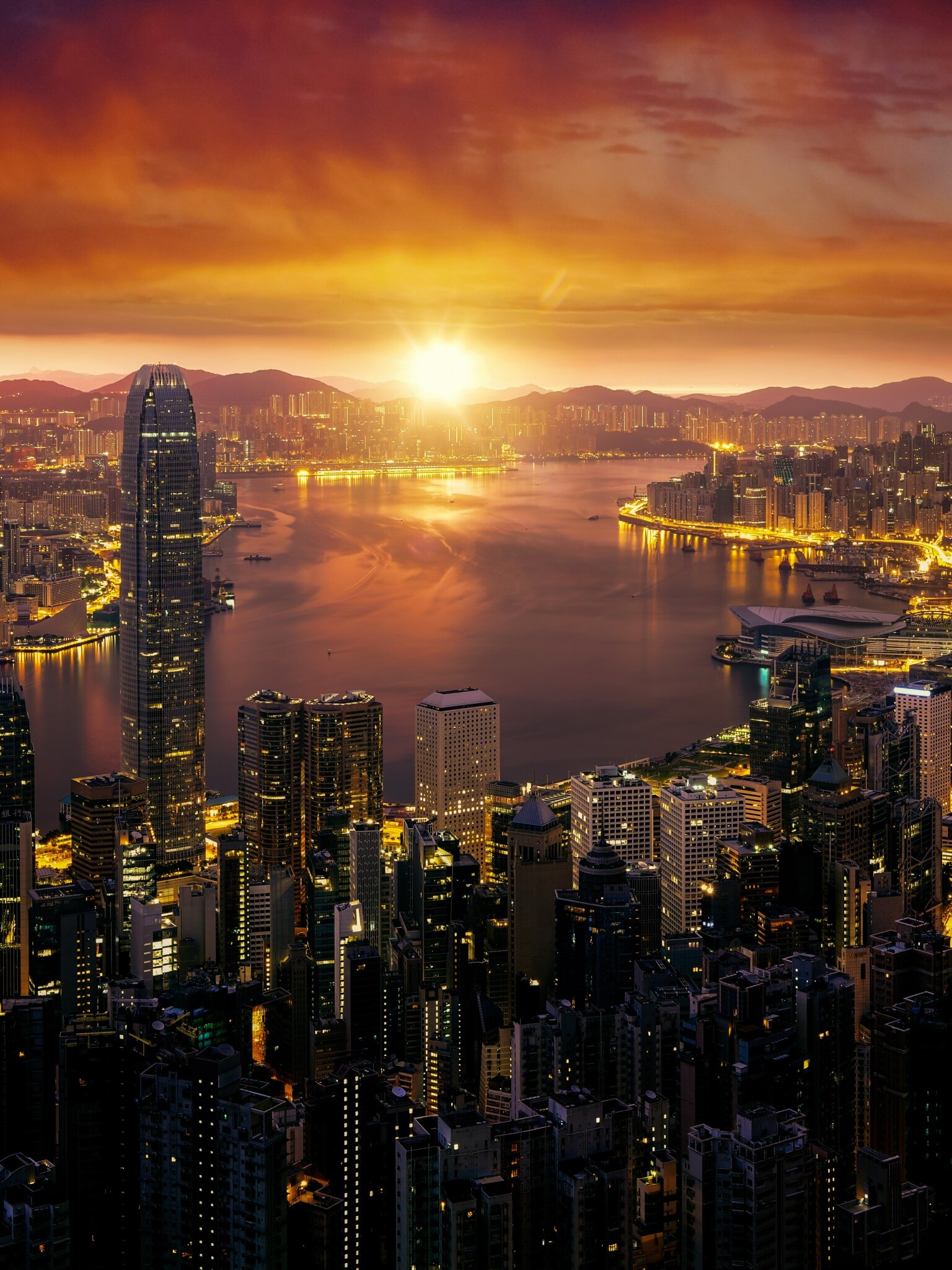Hong Kong: Cityscape, Sunrise, City lights, Skyline. 1540x2050 HD Wallpaper.