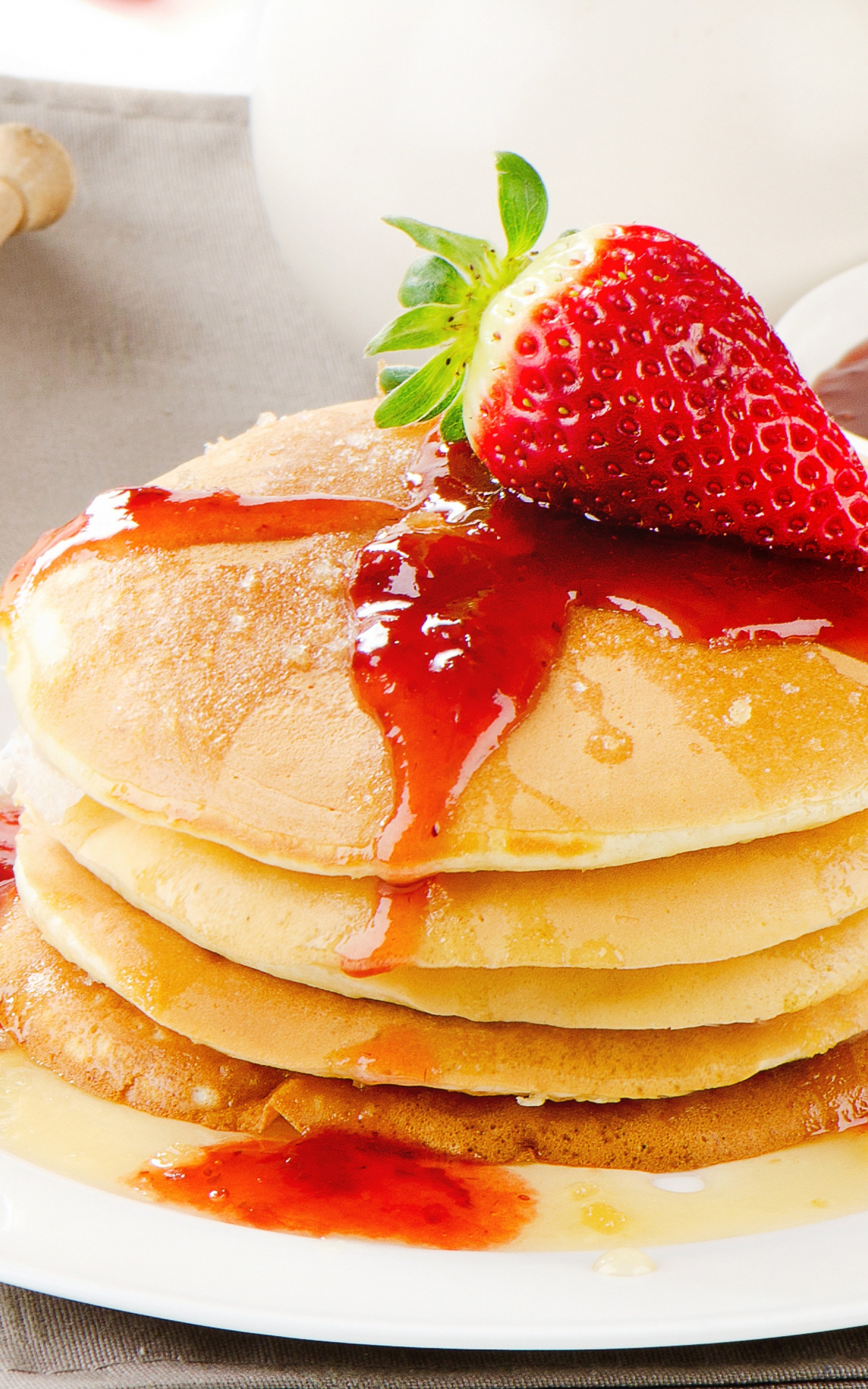 Pancake: Eaten as a breakfast food, Served with fresh fruit and syrup. 1200x1920 HD Background.