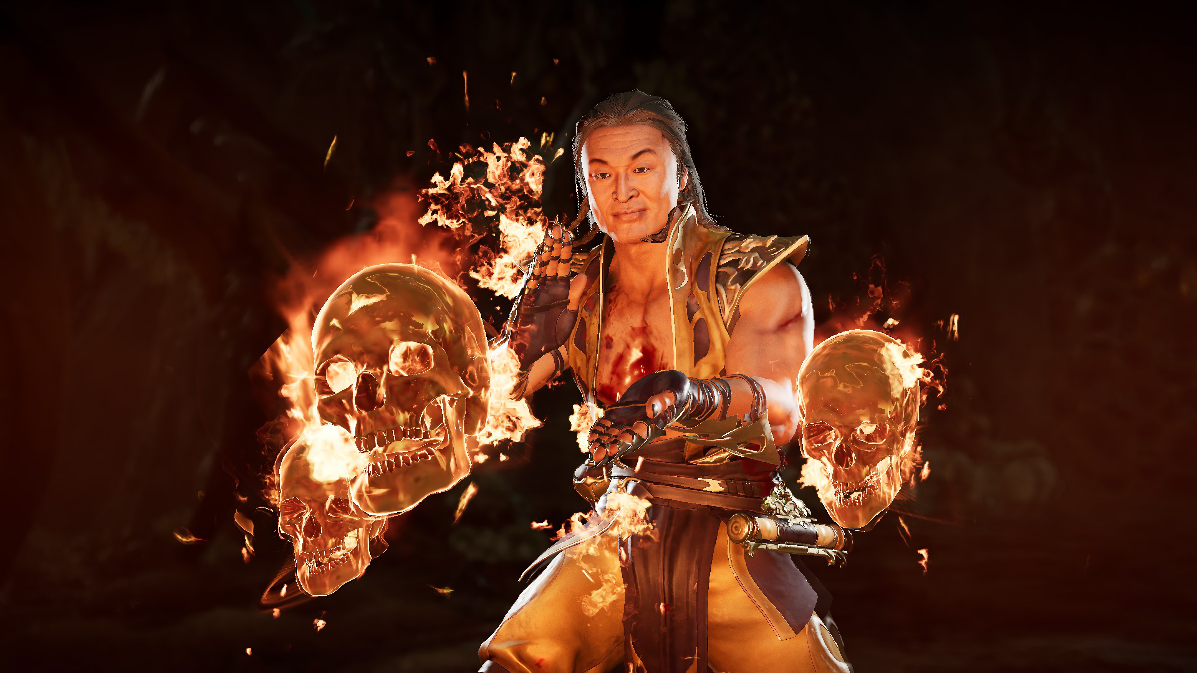 Burning skull, Shang Tsung's power, Mortal Kombat 11, Sinister aura, 3840x2160 4K Desktop