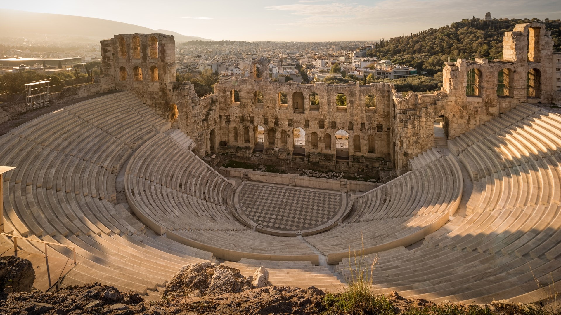 Scenic view of Odeon, Sunset at Athens, Windows 10 spotlight images, Acropolis at dusk, 1920x1080 Full HD Desktop