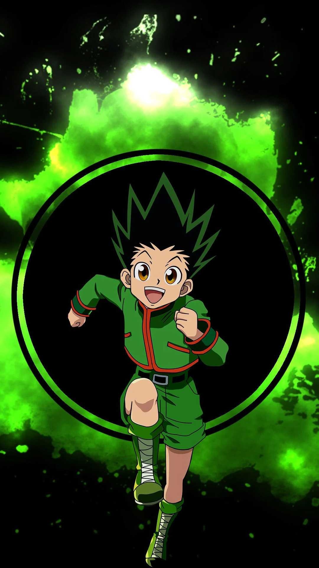 Gon Freecss: A green jacket with reddish edges, shorts, and laced boots, Japanese manga. 1080x1920 Full HD Wallpaper.